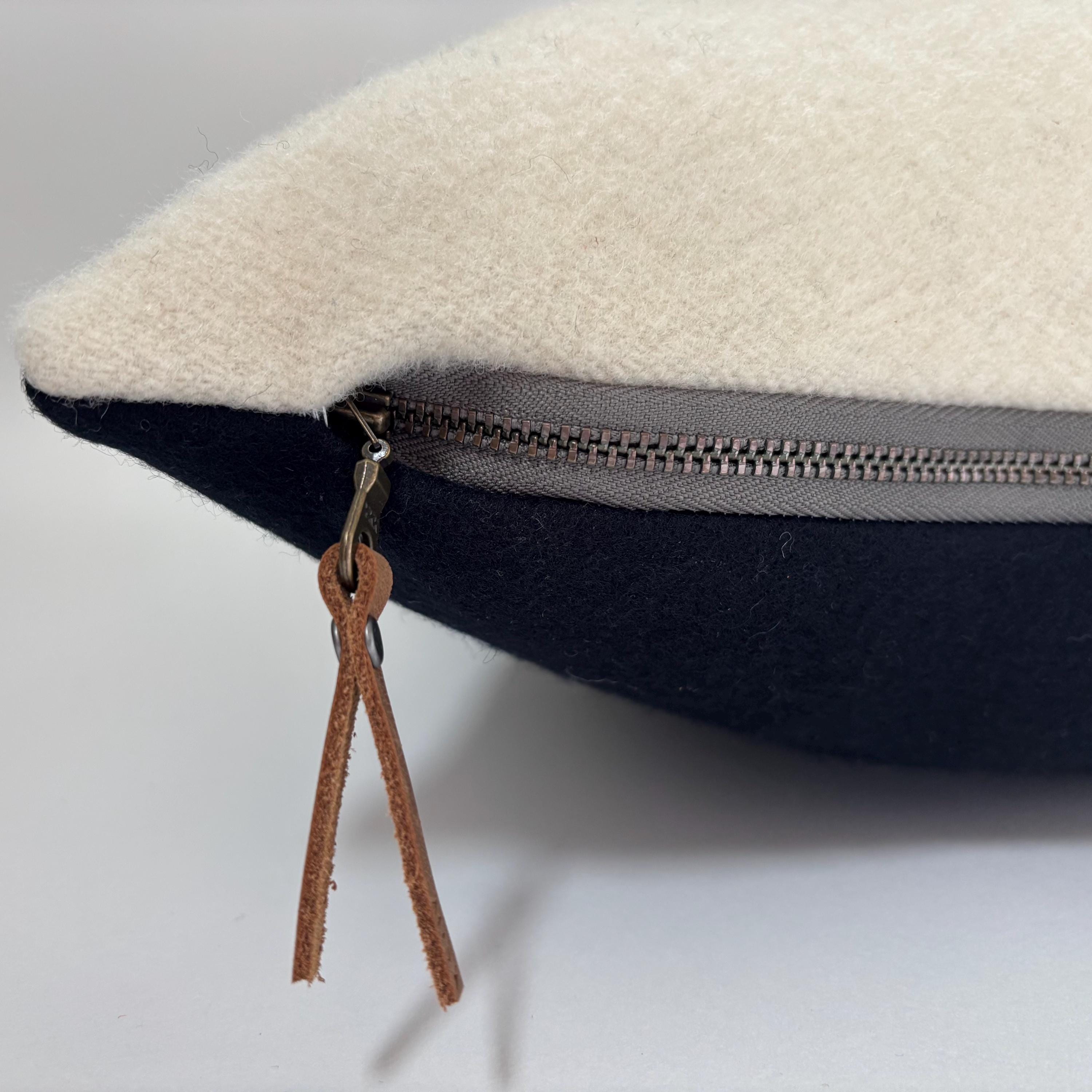 Handcrafted Cream Wool Pillow: Green Stripe, Leather Zipper Pull