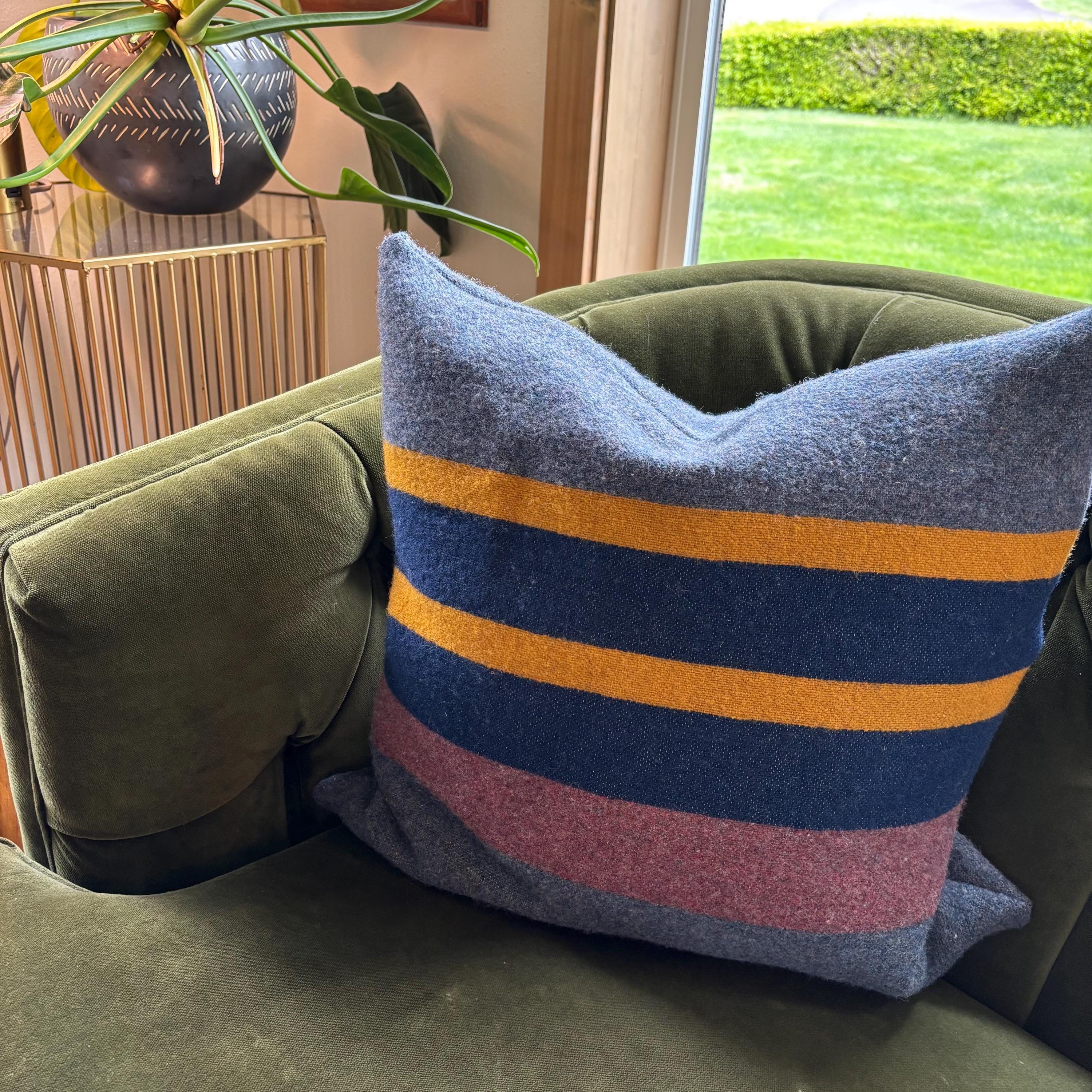 Striped wool throw Pillow blue and yellow with Leather Pull (20x20)