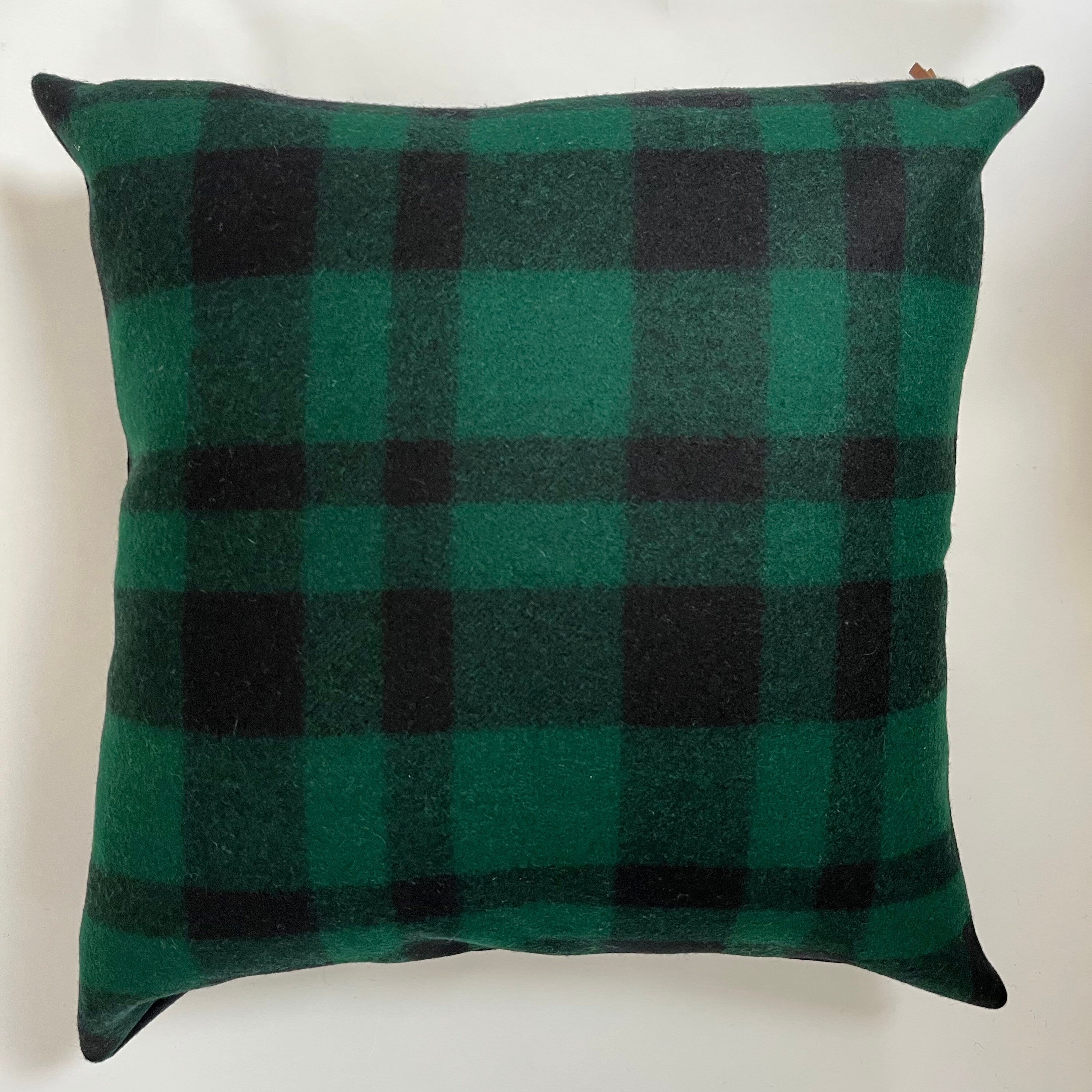 Green and Black buffalo plaid wool pillow cover exposed zipper-leather pull  20"22"24" 14x24 handmade Handcrafted by misa