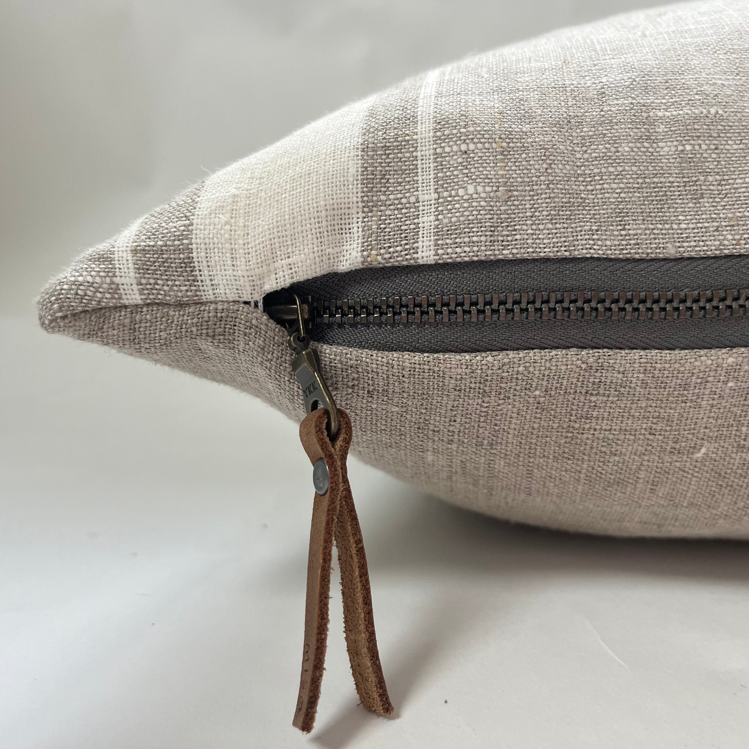 Striped Linen Pillow Cover: White and Natural, Leather Zipper Pull (18x18)