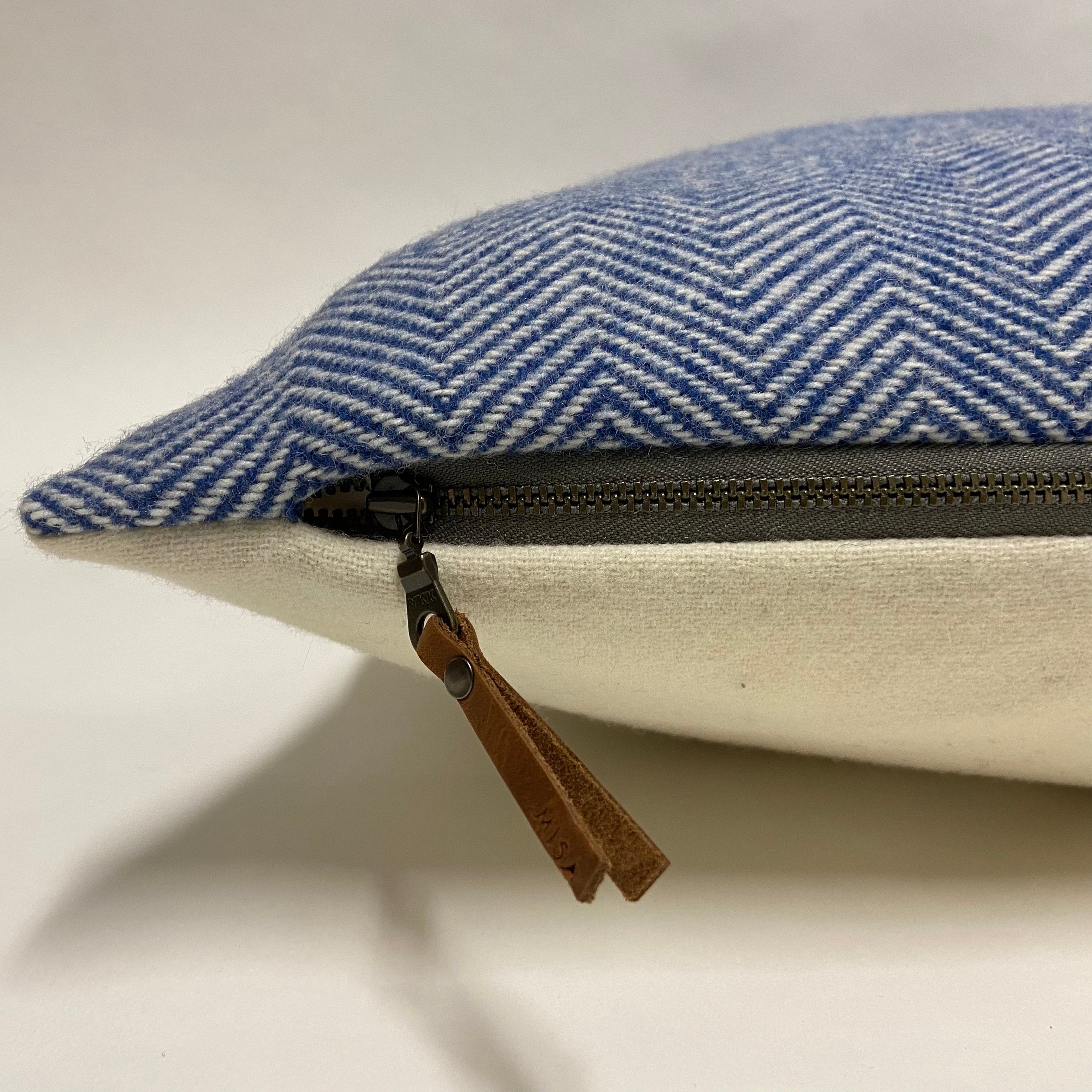 Blue and cream herringbone wool pillow cover exposed zipper-leather pull 18”20"24"14x24 handmade