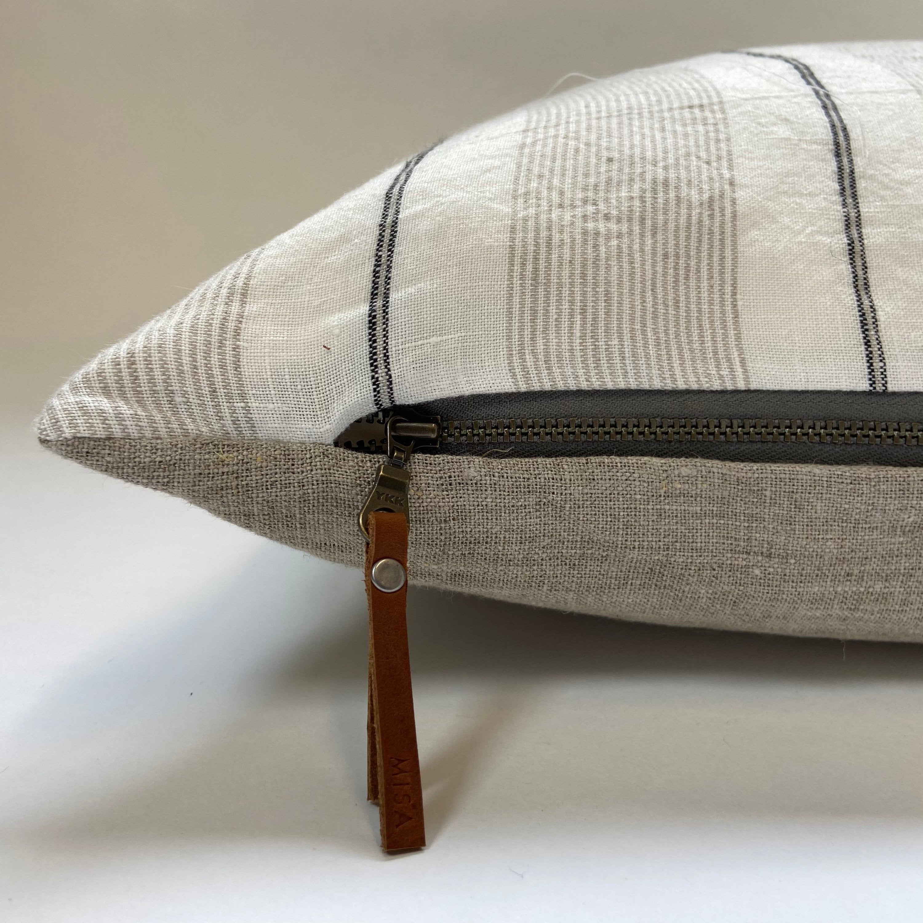 black white and Tan striped linen pillow cover exposed zipper-leather pull 14x24 20"22"24" high quality 100% linen housewarming gift