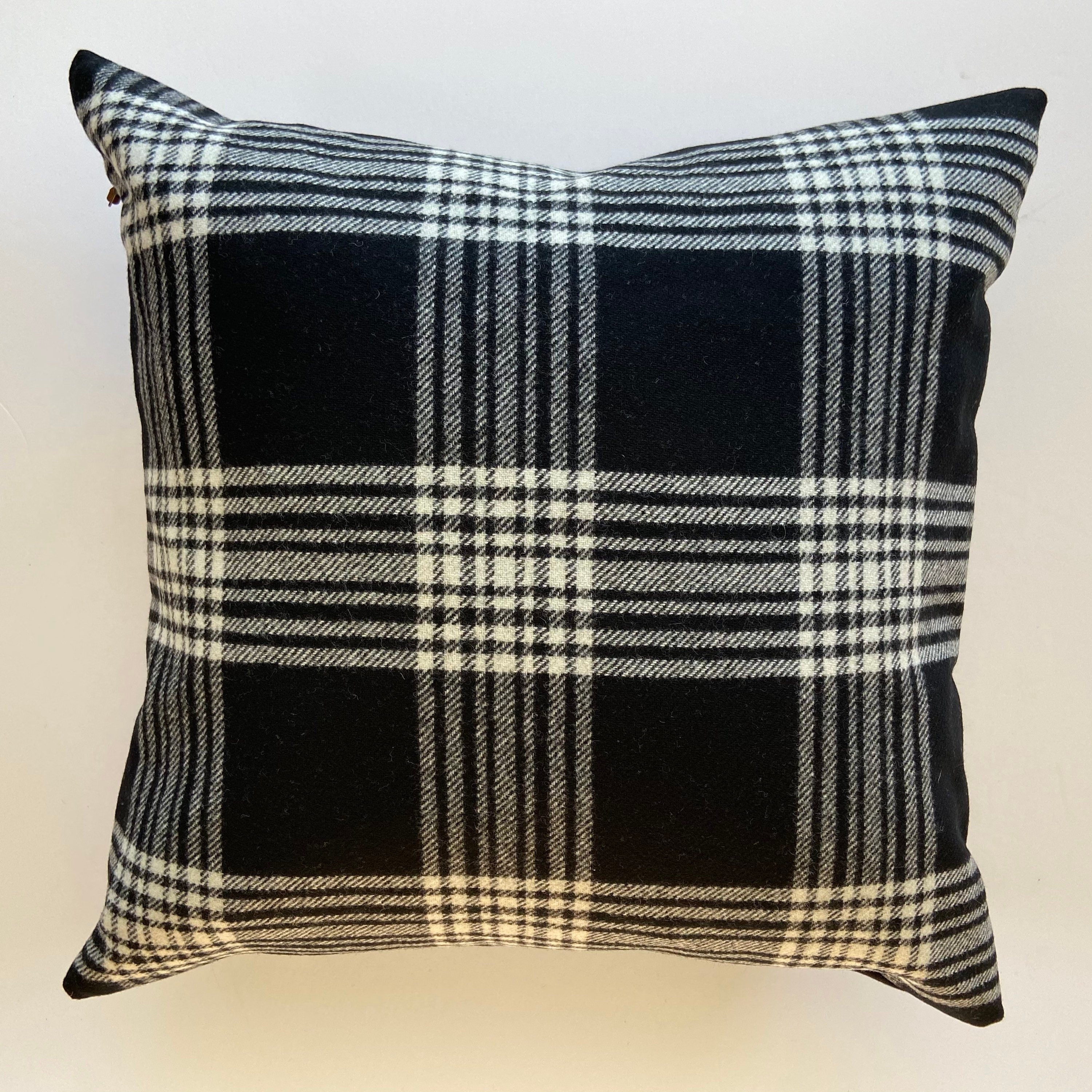 Black and white plaid wool pillow cover exposed zipper-leather pull 24x24 22x22 20x20 14x24 handmade