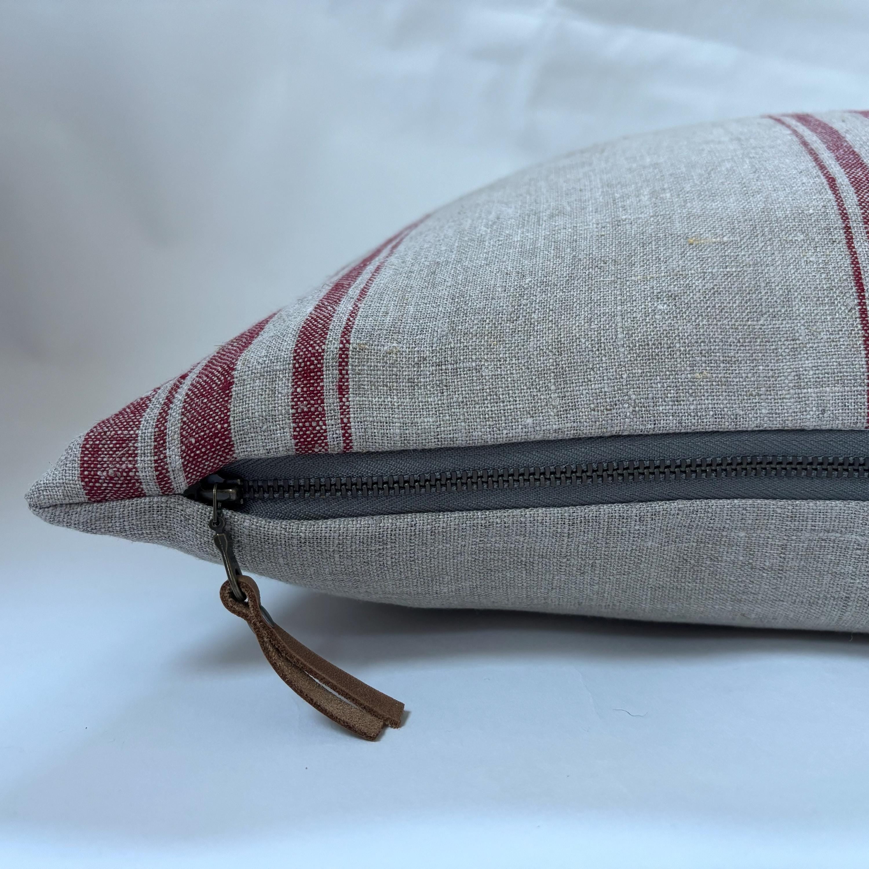 Red Striped Linen Pillow Cover: 18x18 Exposed Zipper, Leather Pull