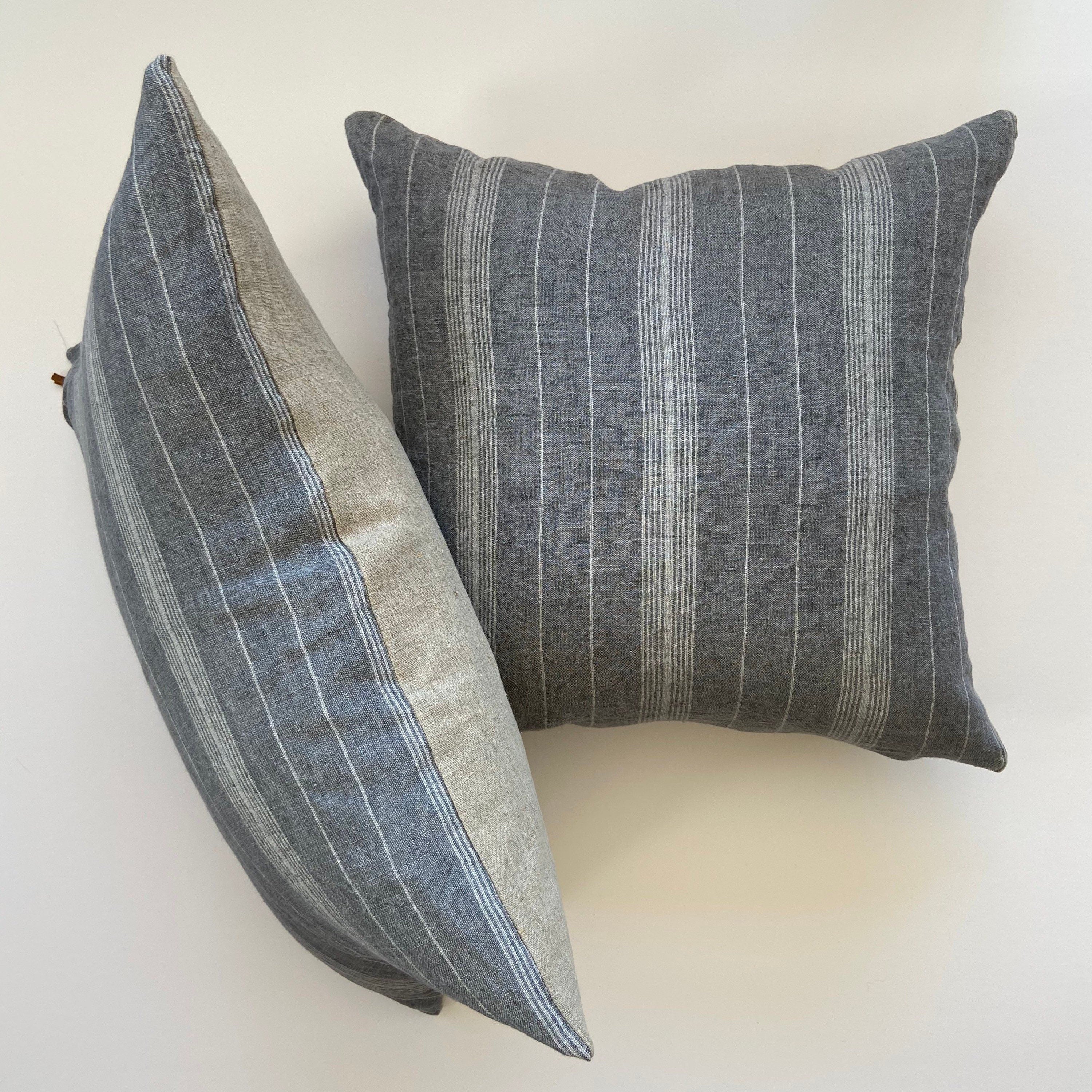 Gray blue striped linen pillow cover blue striped pillow exposed zipper-leather pull 14x24 22"2024" high quality housewarming gift
