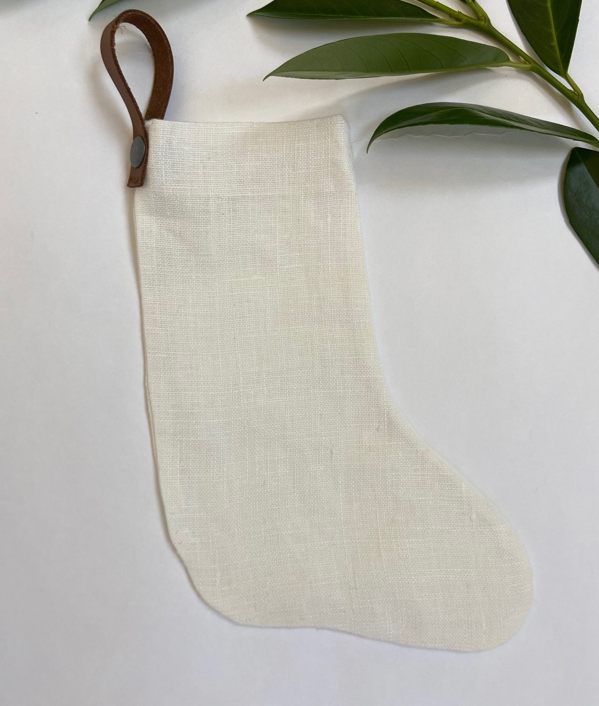 Christmas stocking white linen baby dog cat mini linen stocking with leather hanging tabs hand stitched high quality linen