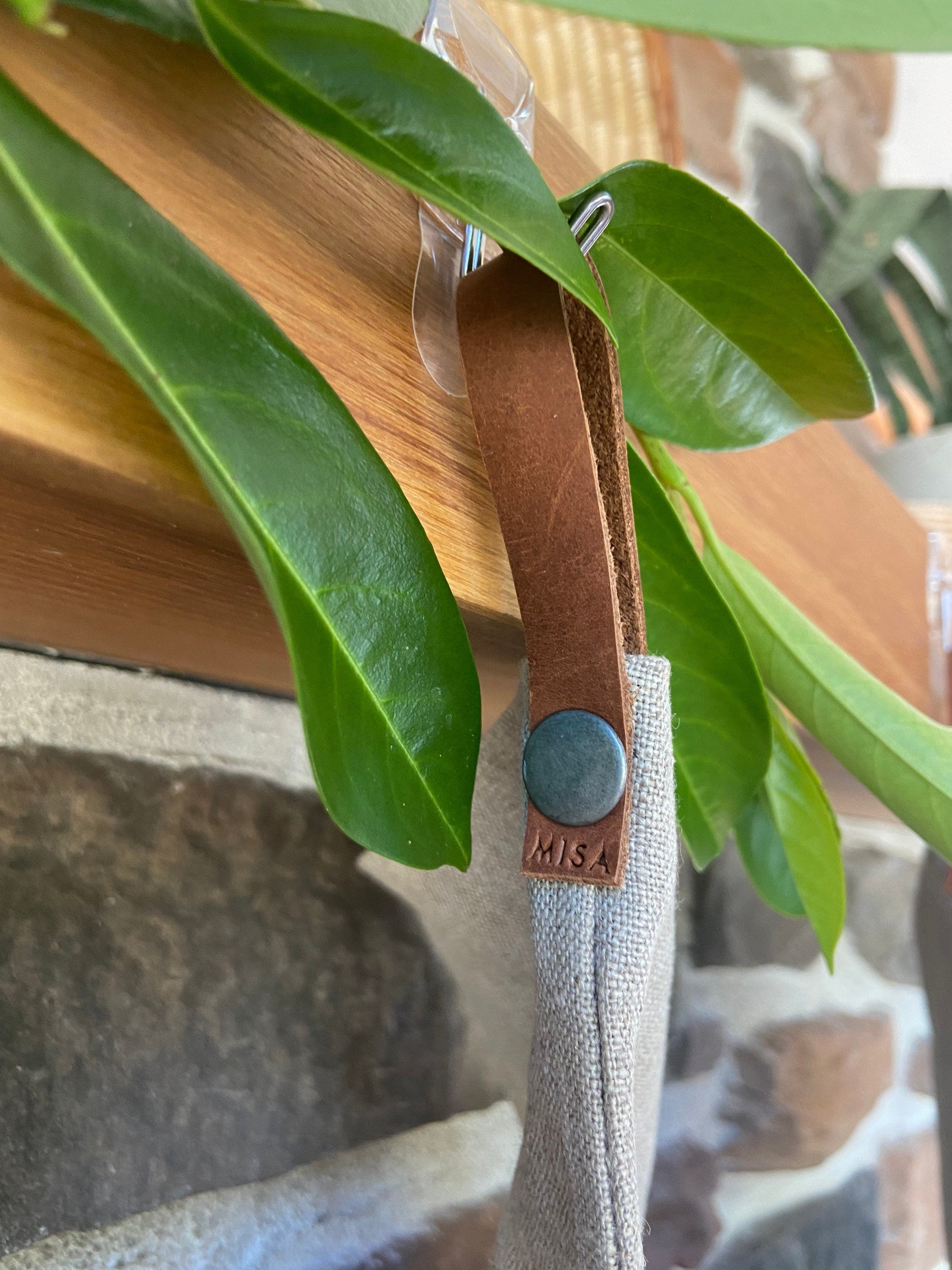 Christmas stocking Natural linen baby puppy kitten mini stocking leather hanging tabs handmade hand stitched High quality linen