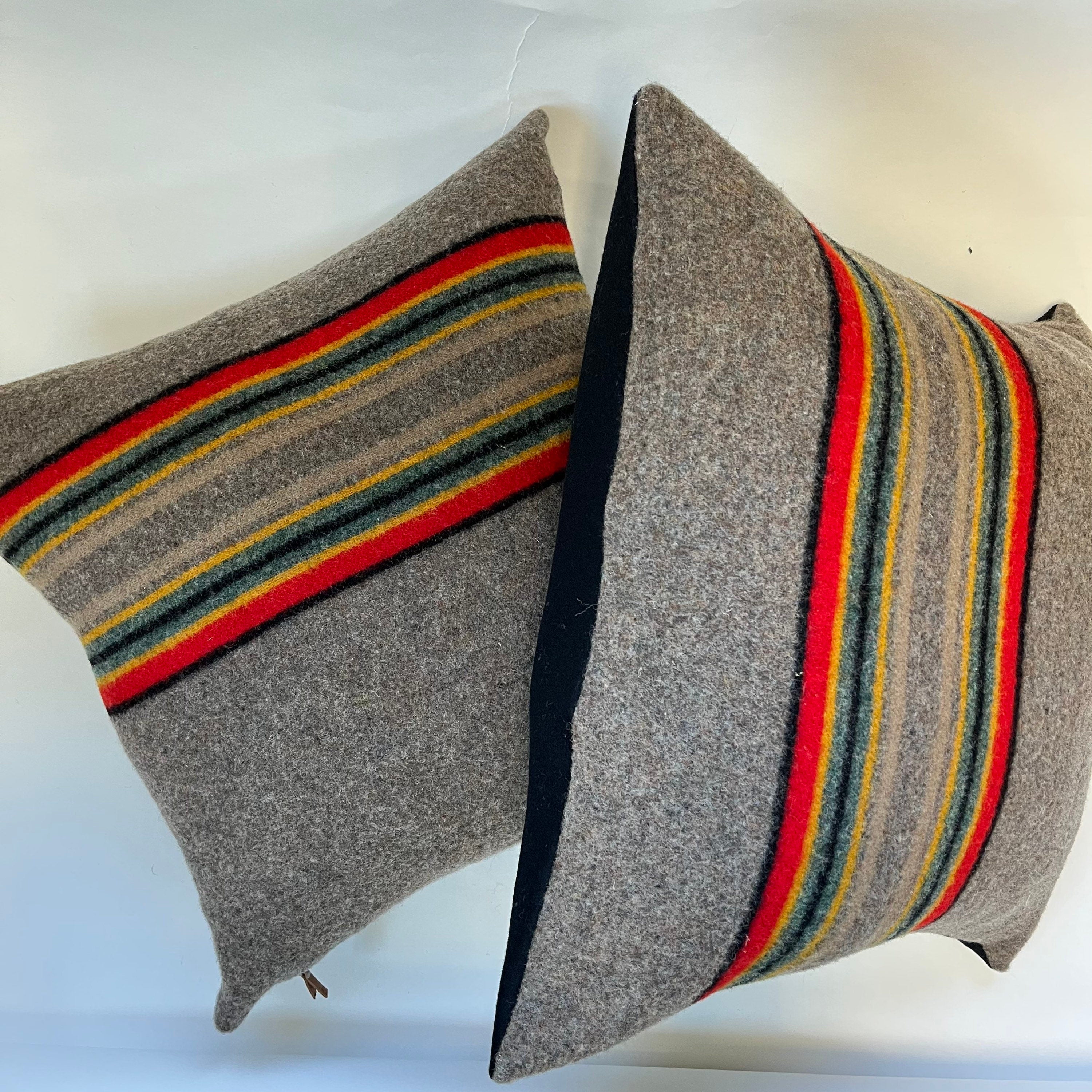 Striped wool pillow cover handmade exposed zipper-leather pull 18” 20” 24”  Handcrafted by misa housewarming gift