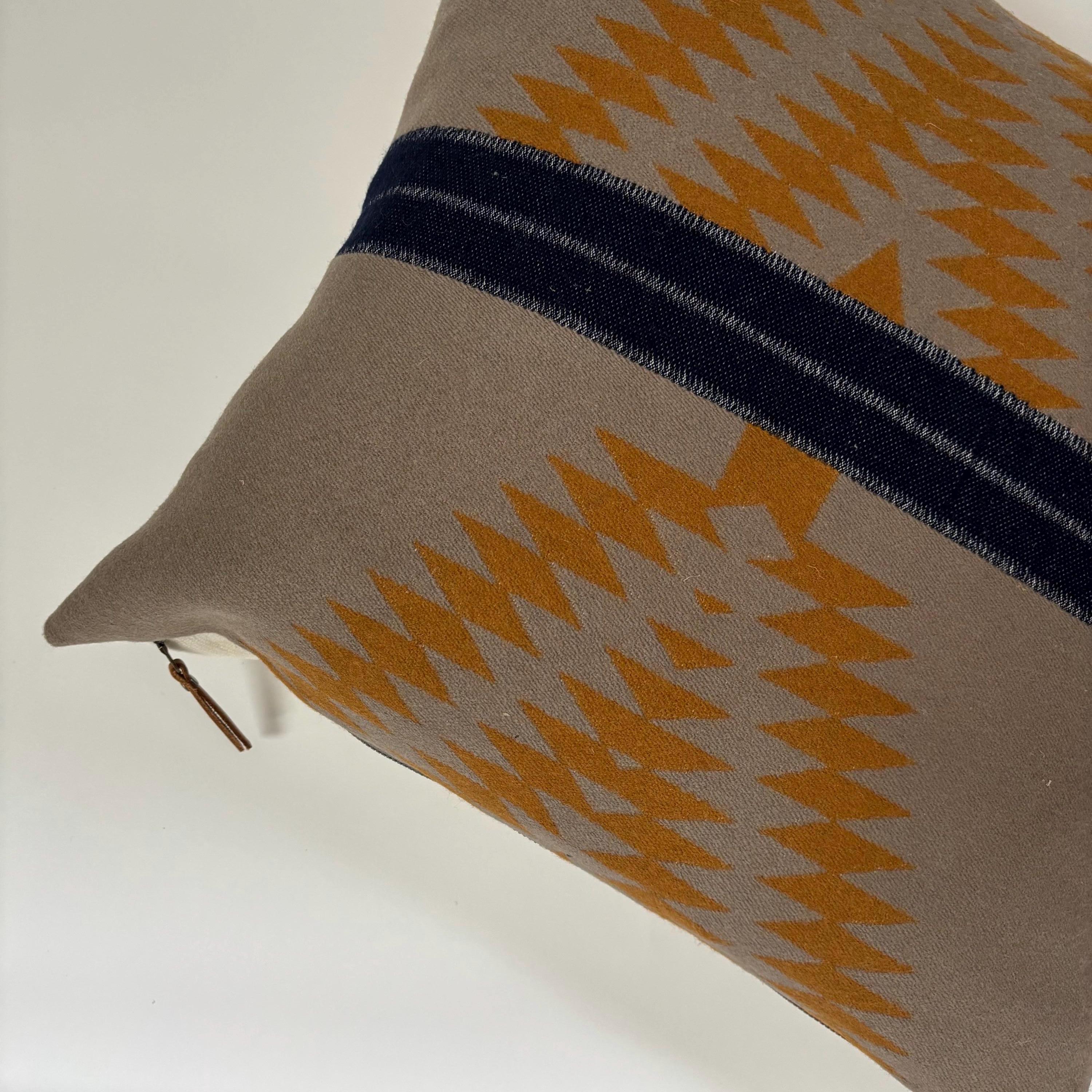 Wool Pillow Cover: Tan blue and gold Aztec Design, Leather Zipper Pull (18x18”)