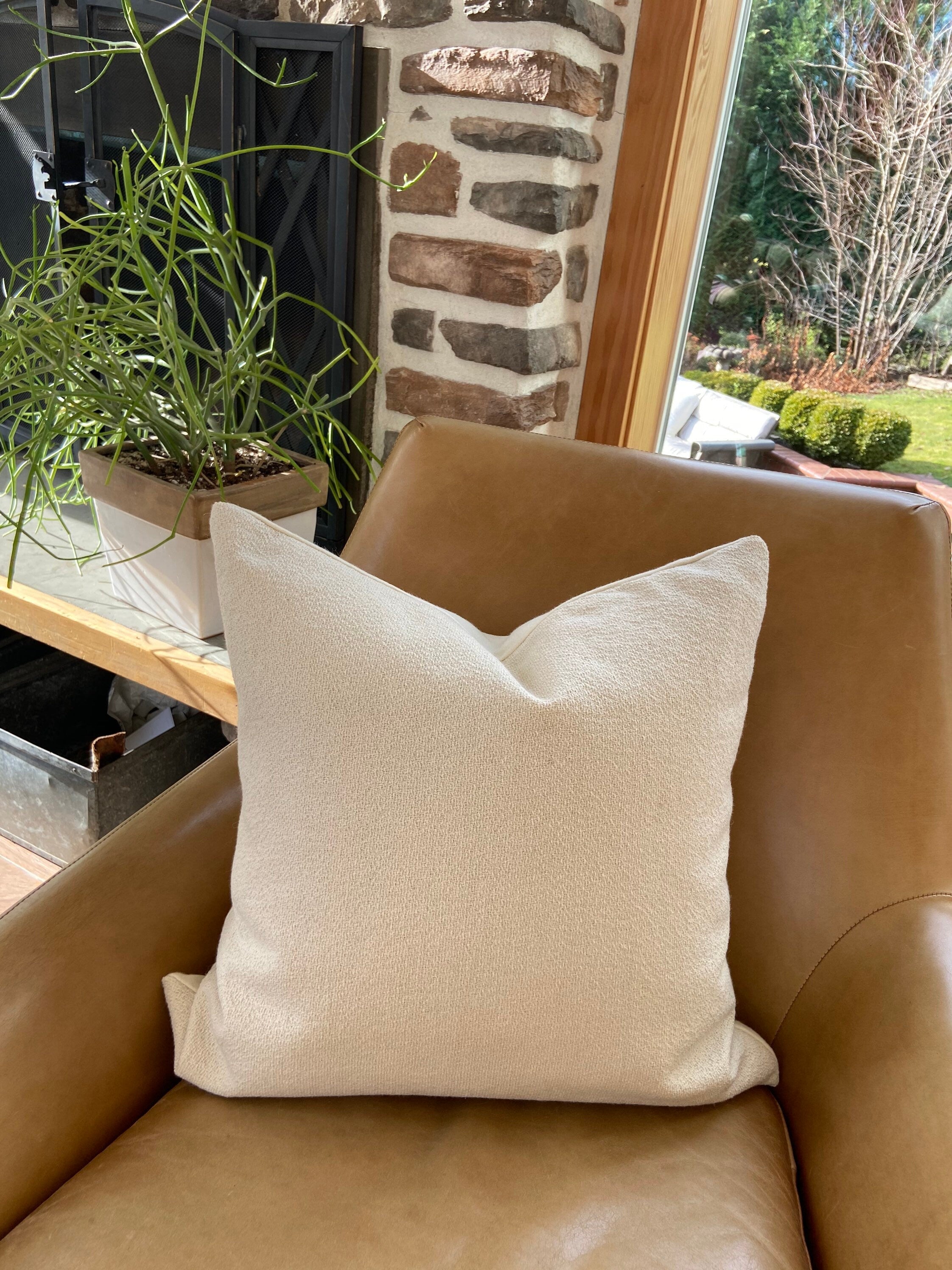 cream boucle wool pillow cover exposed zipper-leather pull 14x24 20” 22” 24” handmade