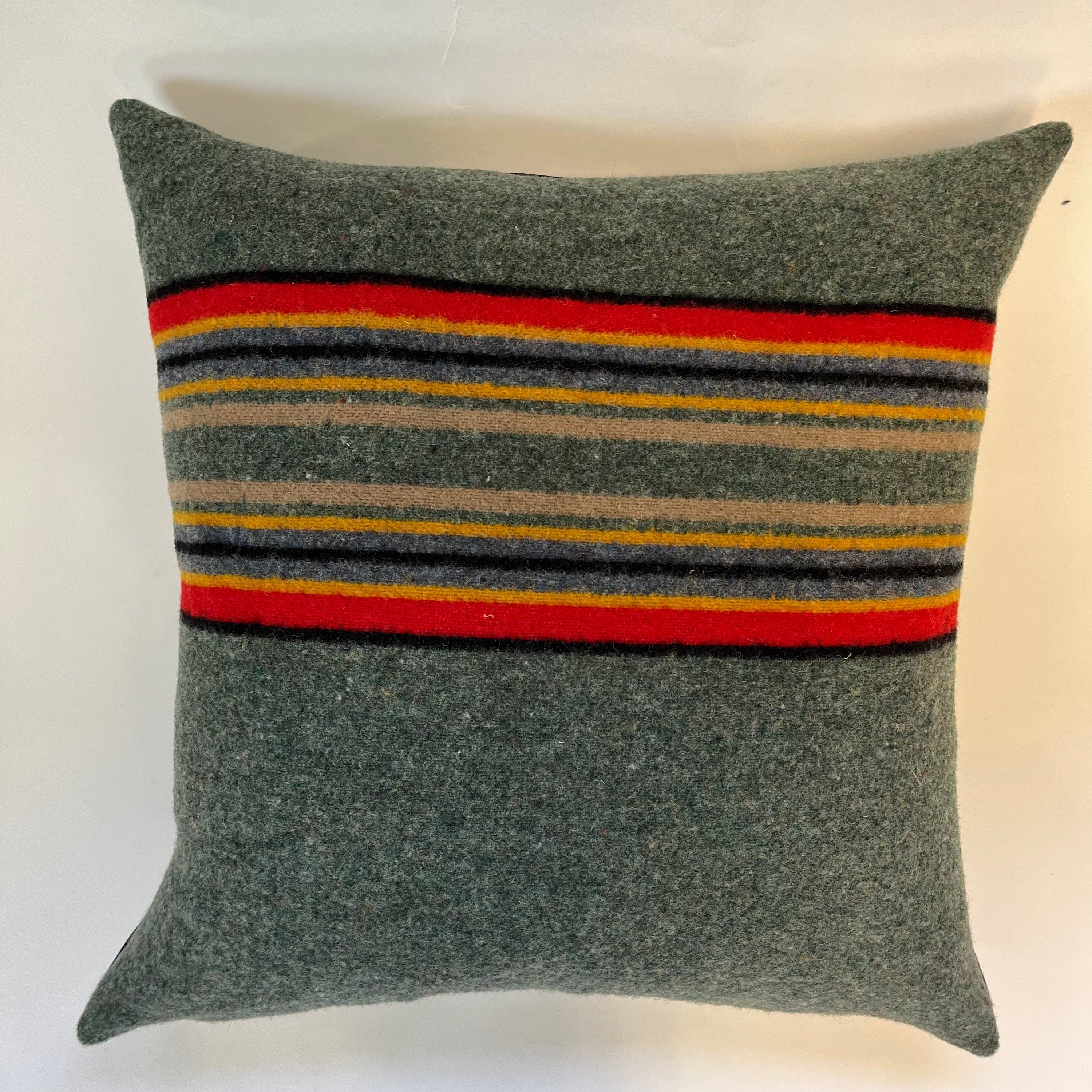Multicolored striped wool pillow cover exposed zipper-leather pull 20”18”24” “Yakima camp” housewarming gift