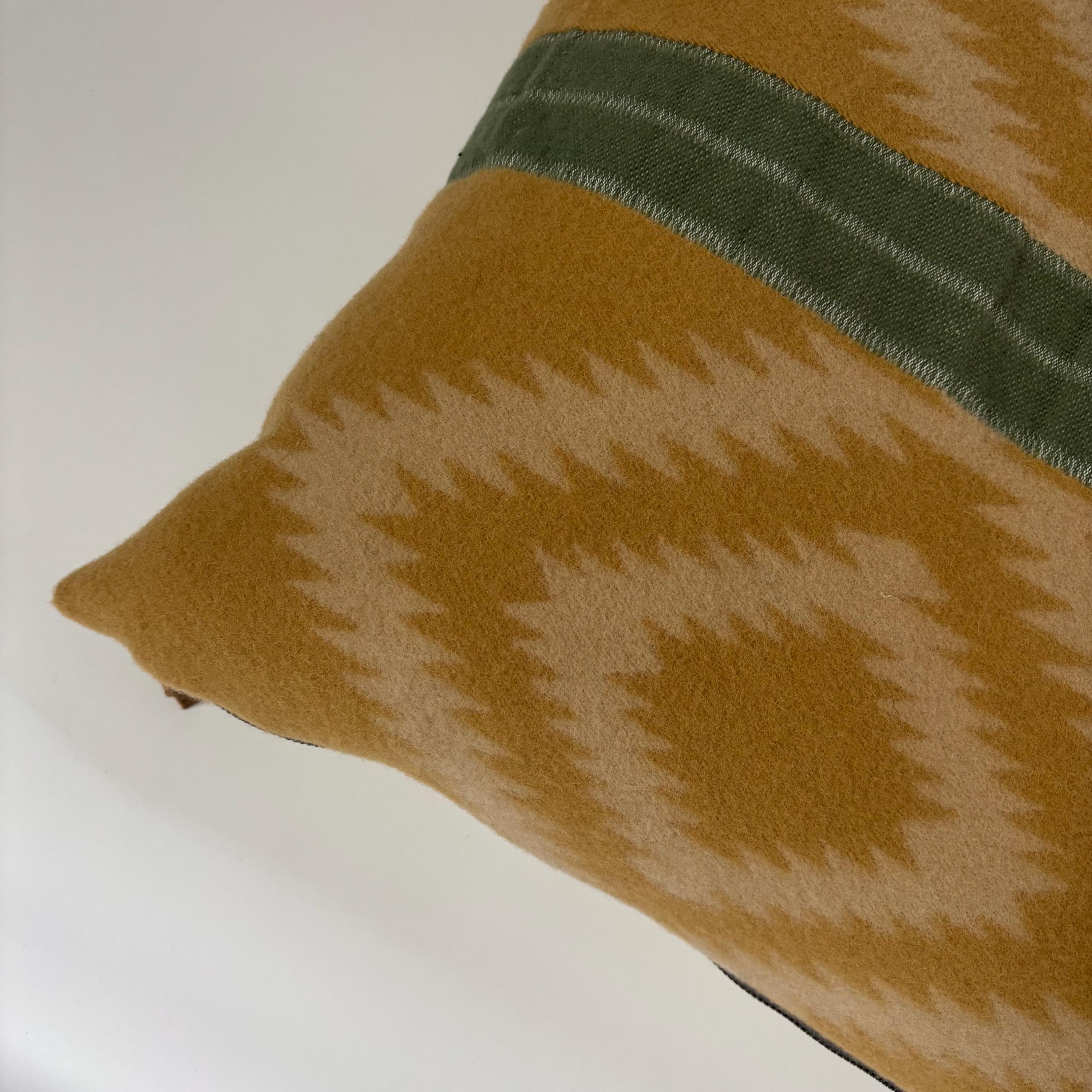 Gold and Green Wool Pillow Cover: Aztec Southwestern Design, Leather Pull (18x18”)