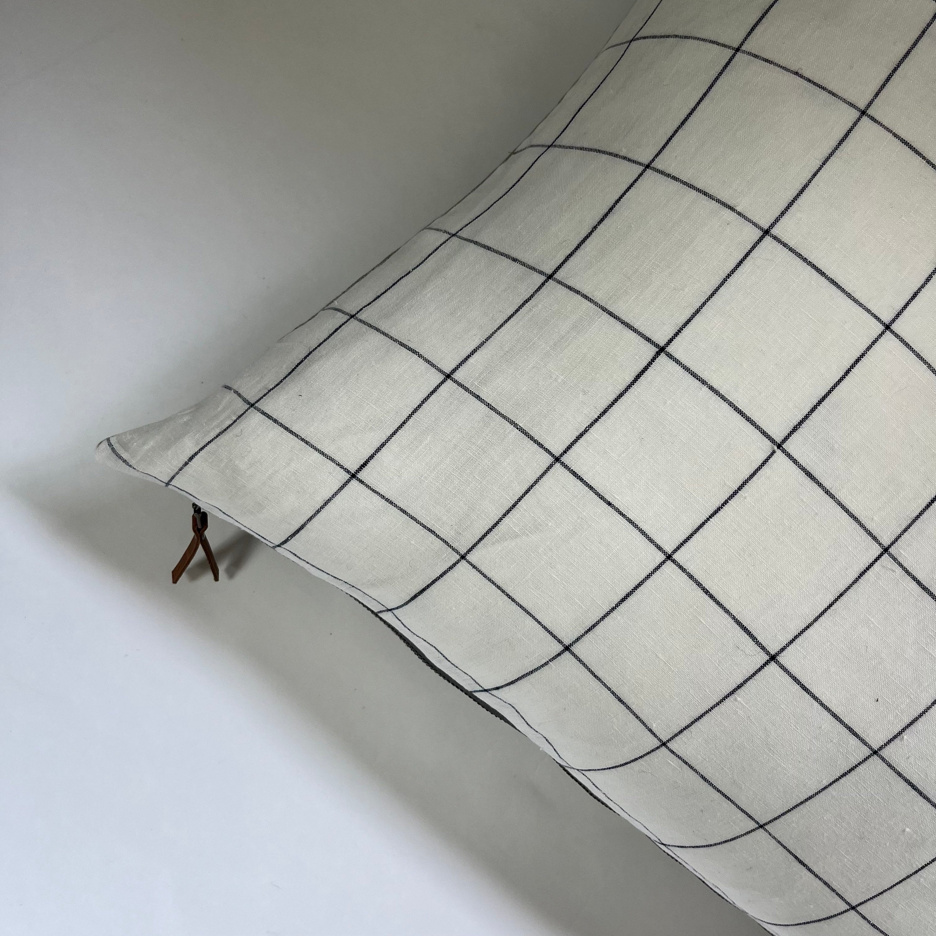 White and navy checked linen pillow cover white linen exposed zipper 18”20”22” 24” 24x24 housewarming gift 100% linen