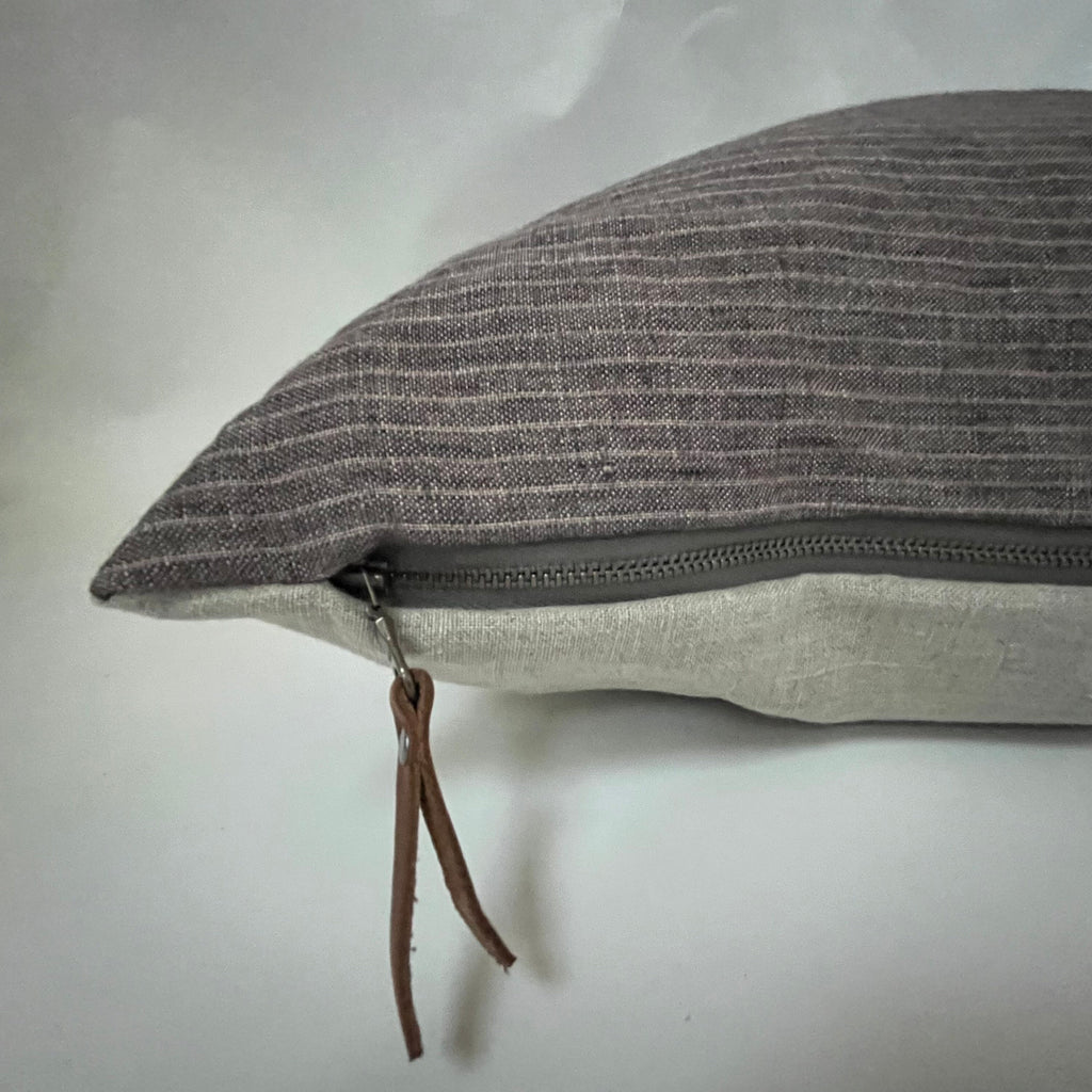Brown striped linen pillow cover exposed zipper-leather pull 14x24 20x20 22x22 24x24high quality great texture 100% linen housewarming gift