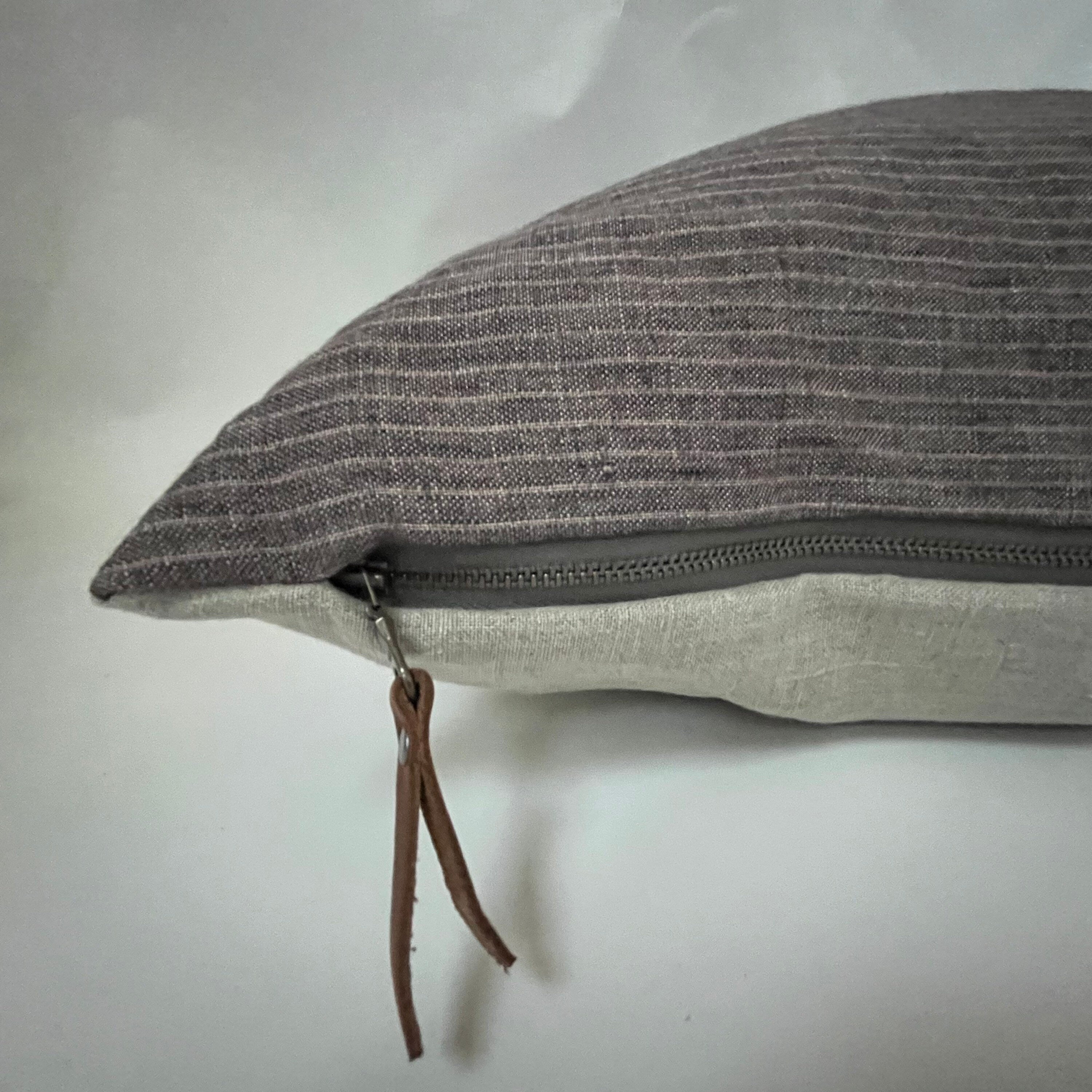 Brown striped linen pillow cover exposed zipper-leather pull 14x24 20x20 22x22 24x24high quality great texture 100% linen housewarming gift