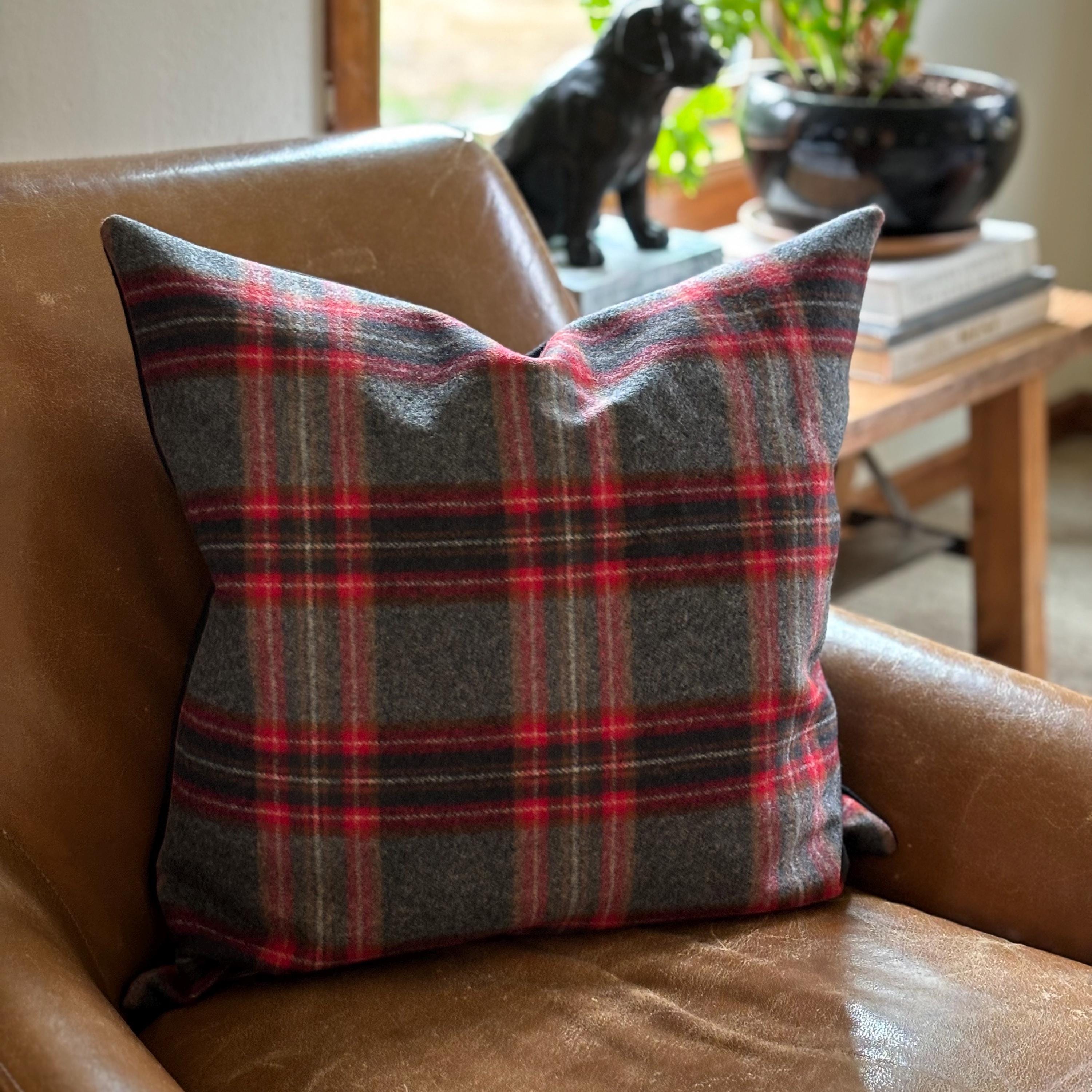 Wool Plaid Pillow Cover Red & Black Exposed Zipper