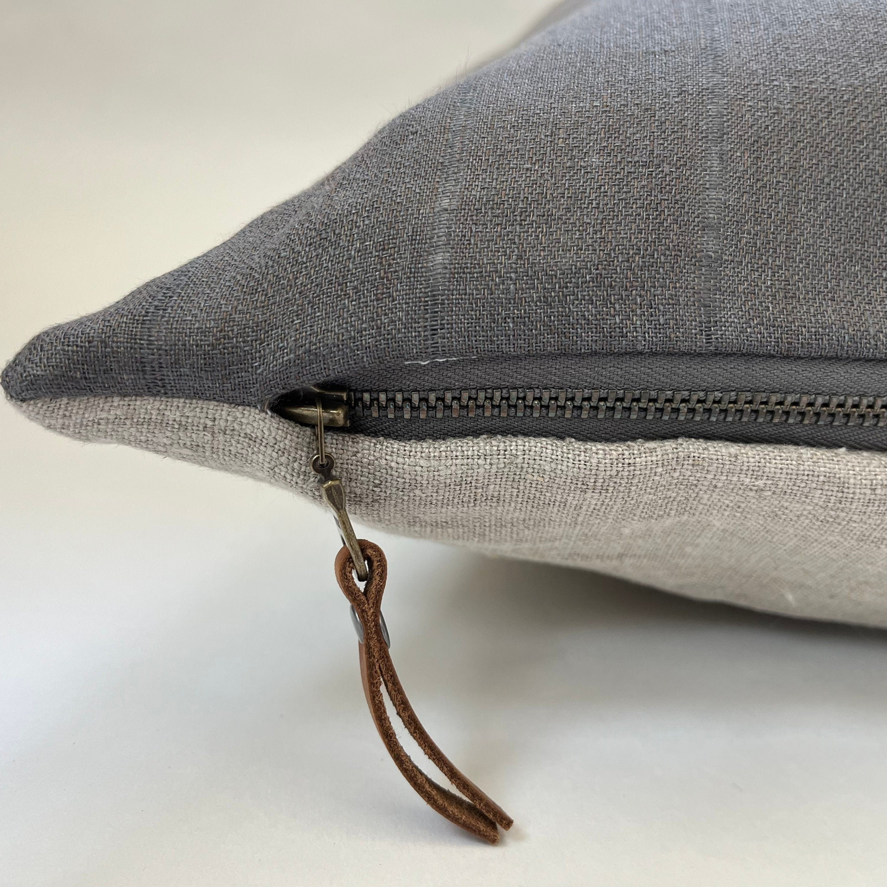 gray striped linen pillow gray pillow exposed zipper leather pull 24”20” 22"14x24” 100% linen housewarming gift