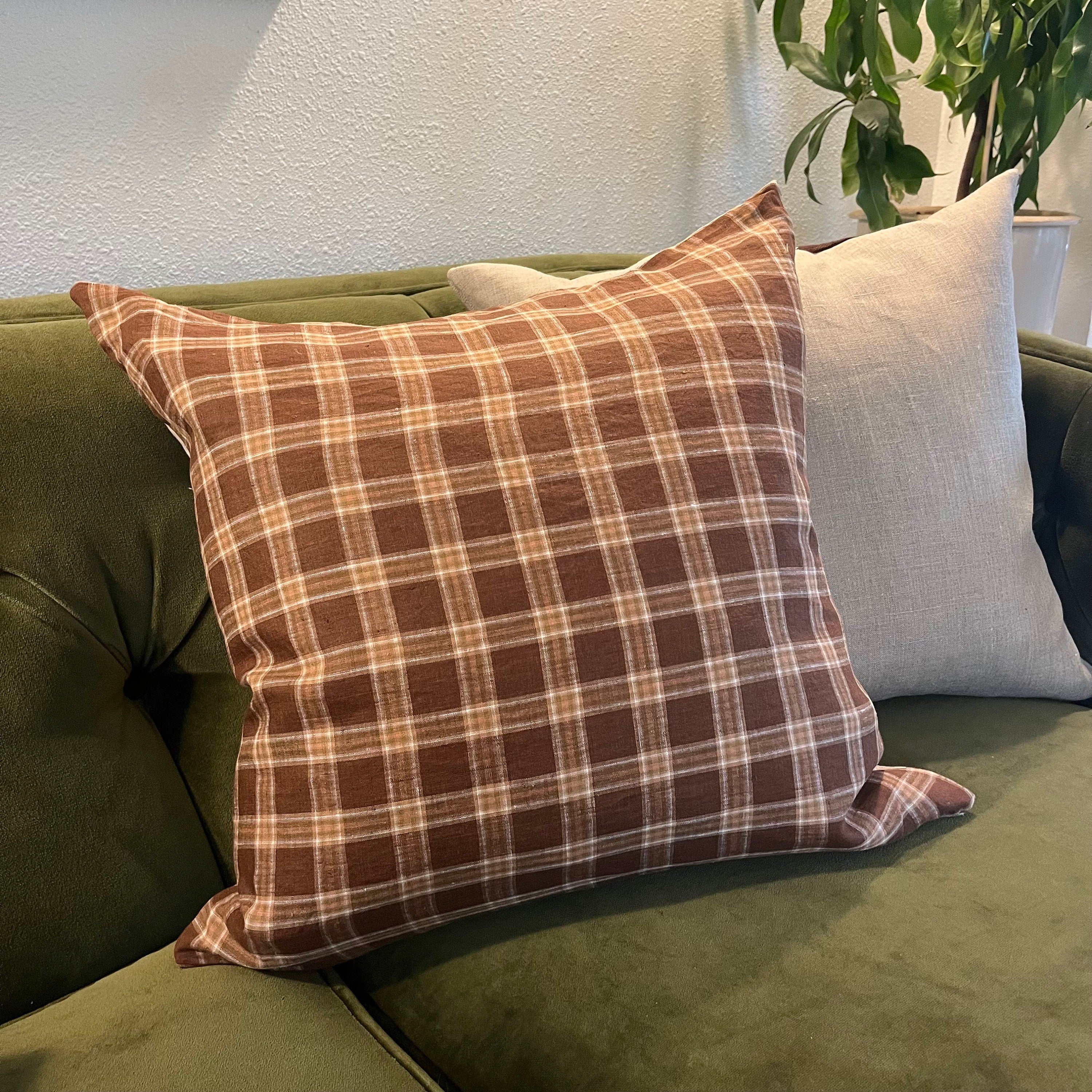 Handcrafted Brown Plaid Linen Pillow Cover: Exposed Zipper, Leather Pull