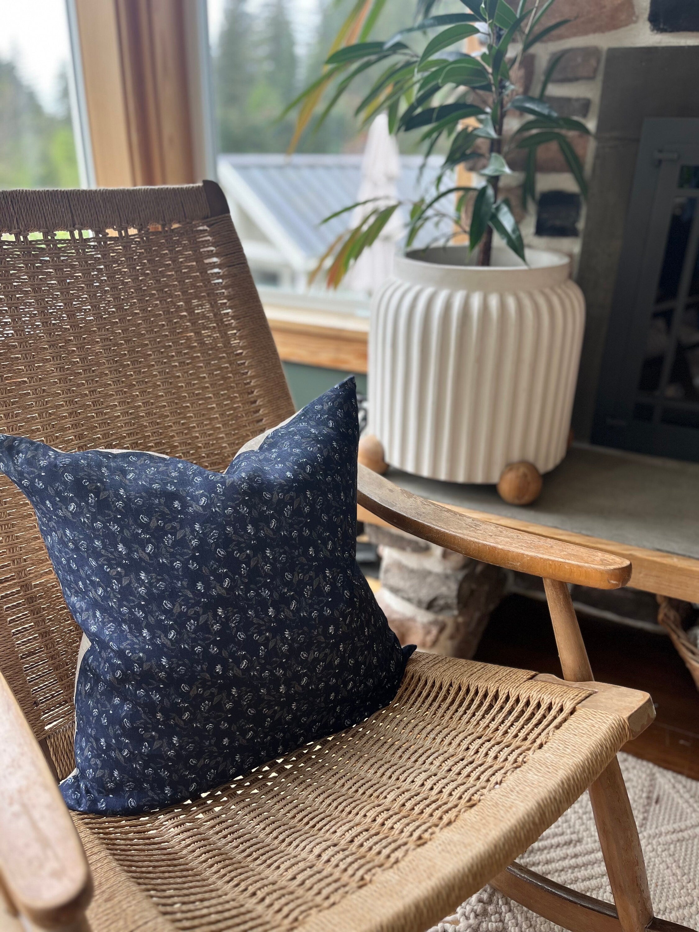 Navy Floral Linen Pillow Cover: Exposed Zipper, Leather Pull