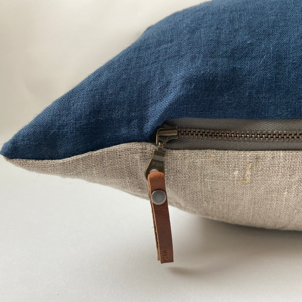 blue linen pillow cover cobalt pillow exposed zipper-leather pull 20”22” 24”14x24  high quality neutral Linen backing housewarming gift