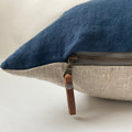 blue linen pillow cover cobalt pillow exposed zipper-leather pull 20”22” 24”14x24  high quality neutral Linen backing housewarming gift