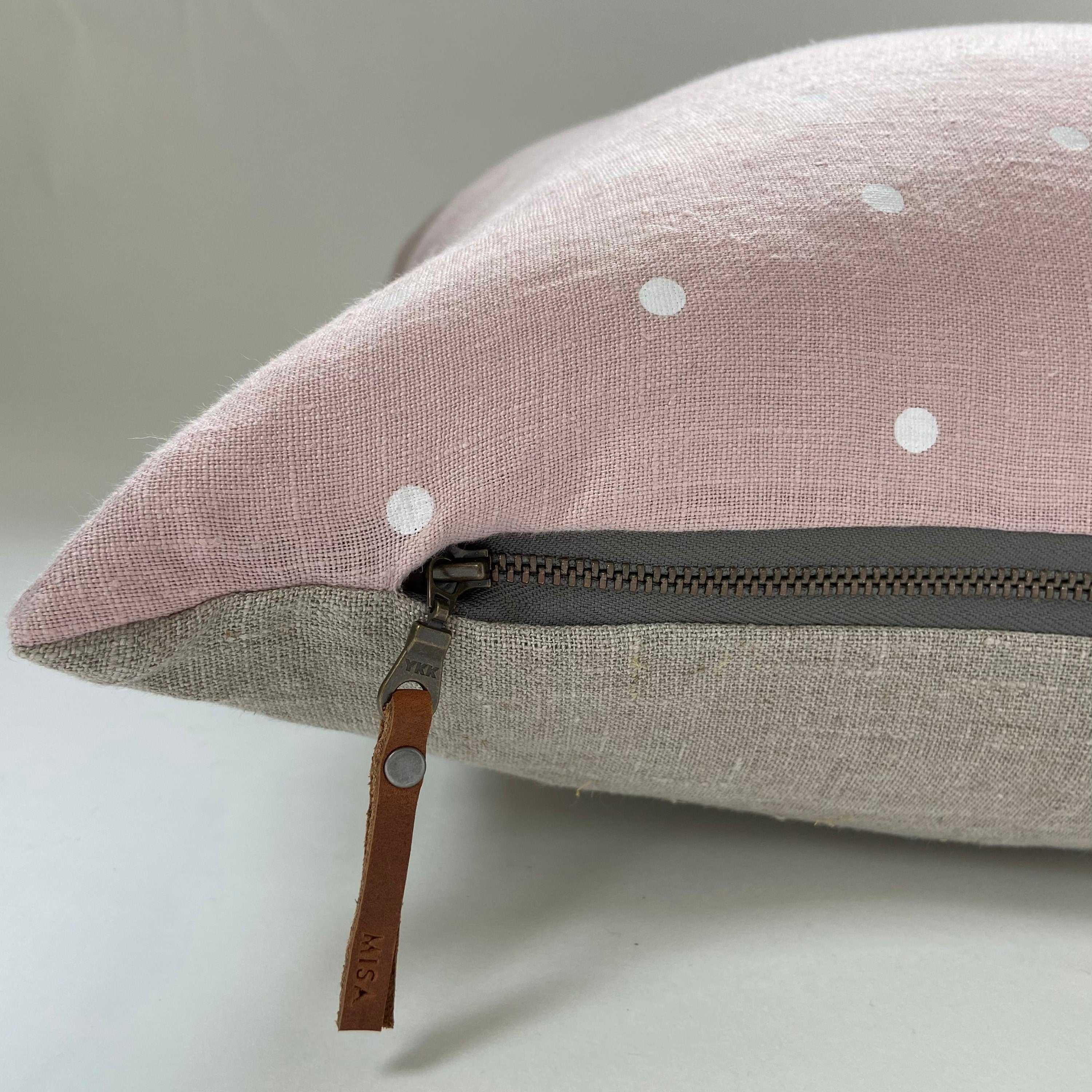 Pink pillow linen polka dot pillow girls pillow linen pillow linen backing exposed zipper-leather pull 20”22"24"14x24” housewarming