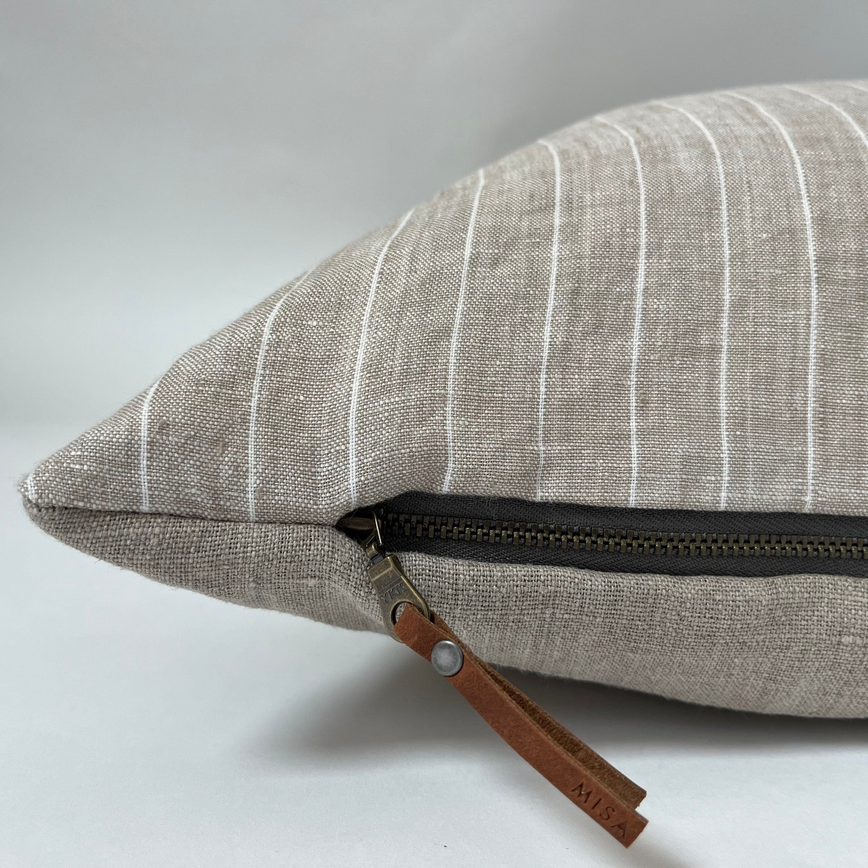 white and tan striped linen pillow cover exposed zipper-leather pull  20"22"24" 14x24 high quality 100% linen