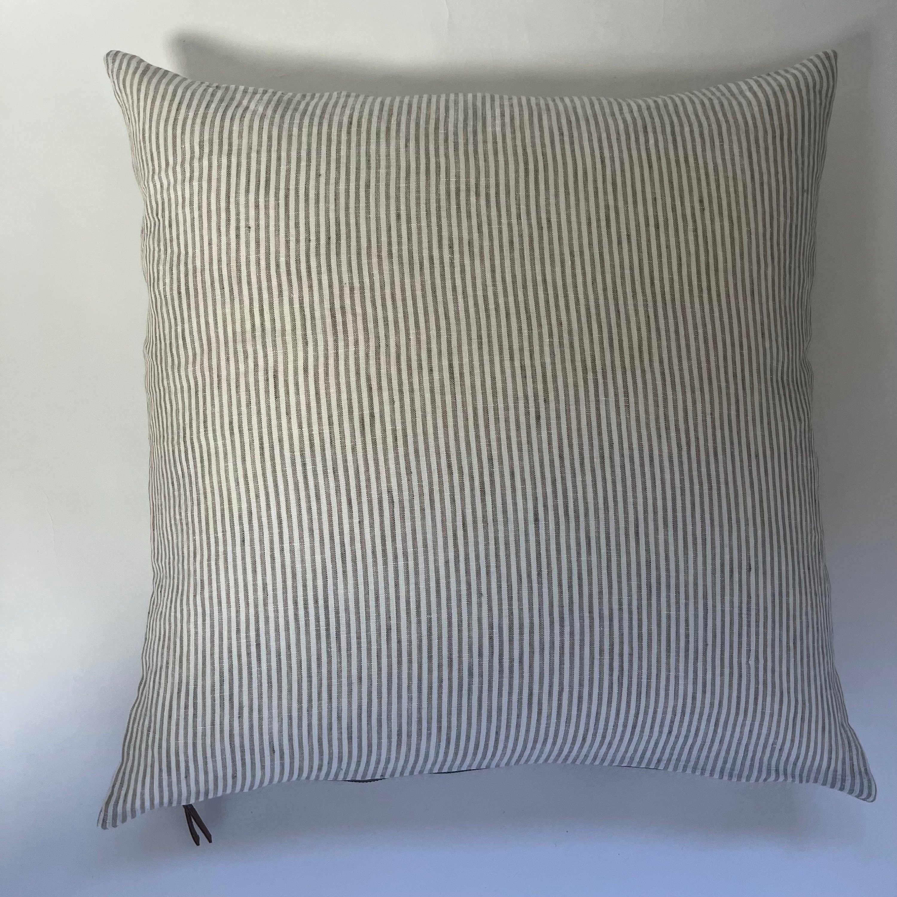 Tan and white striped linen pillow neutral pillow exposed zipper 100% linen striped pillow leather pull 24” 22" 20” 14x24” housewarming gift