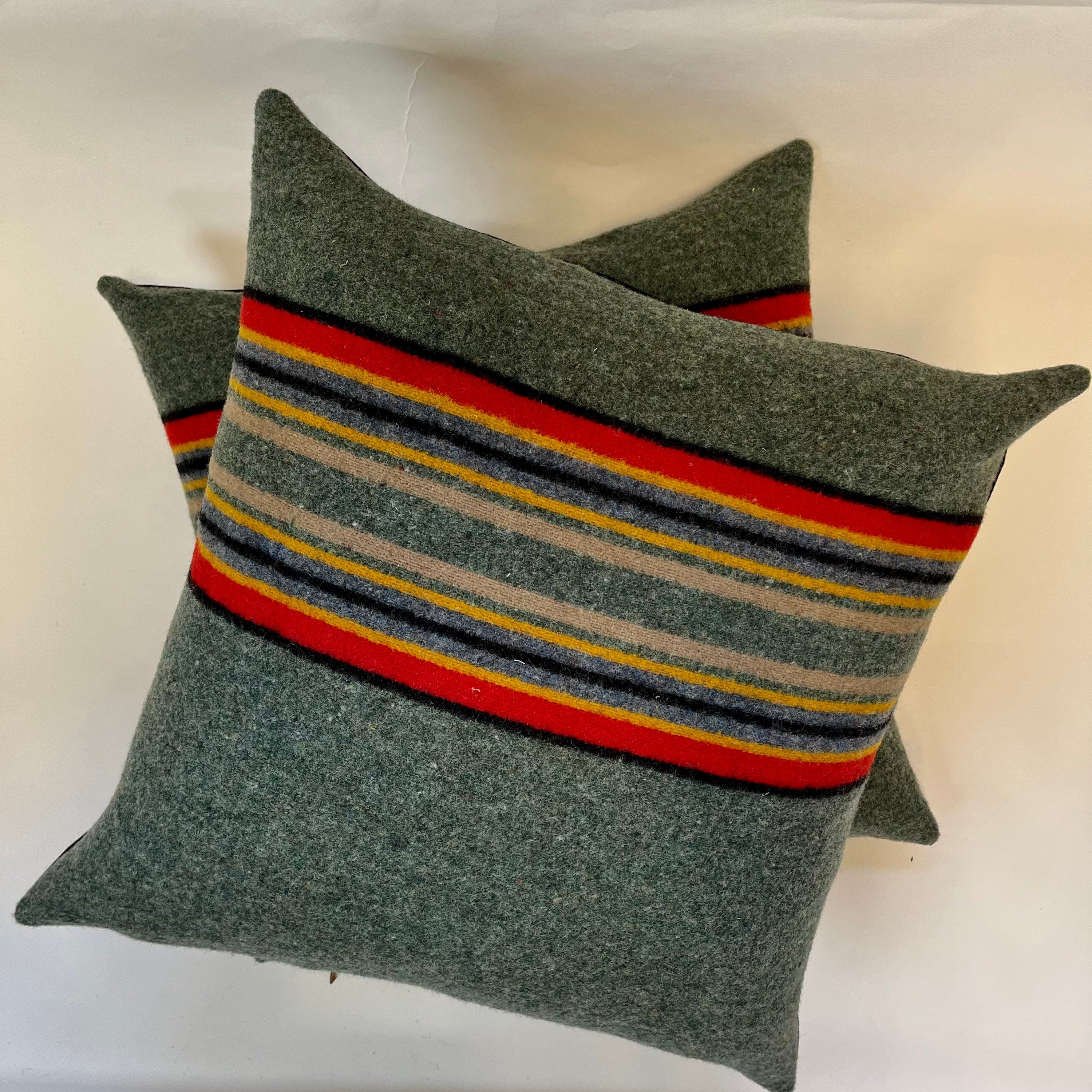 Multicolored striped wool pillow cover exposed zipper-leather pull 20”18”24” “Yakima camp” housewarming gift