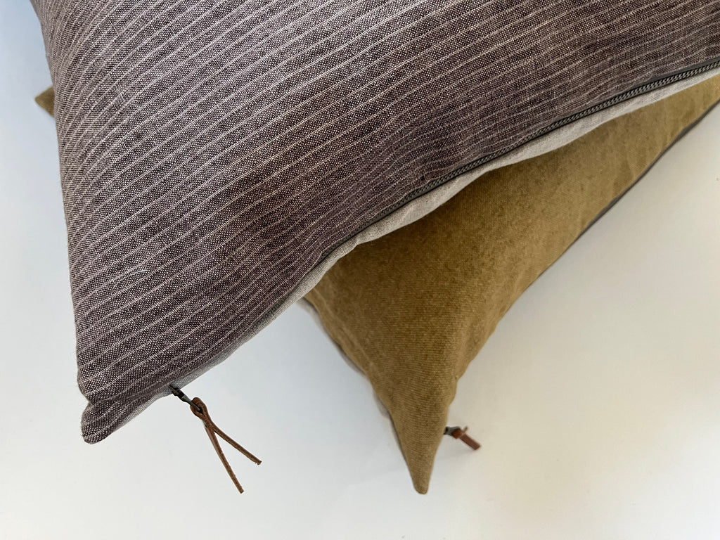 Brown striped linen pillow cover exposed zipper-leather pull 14x24 20x20 22x22 24x24high quality great texture 100% linen housewarming gift