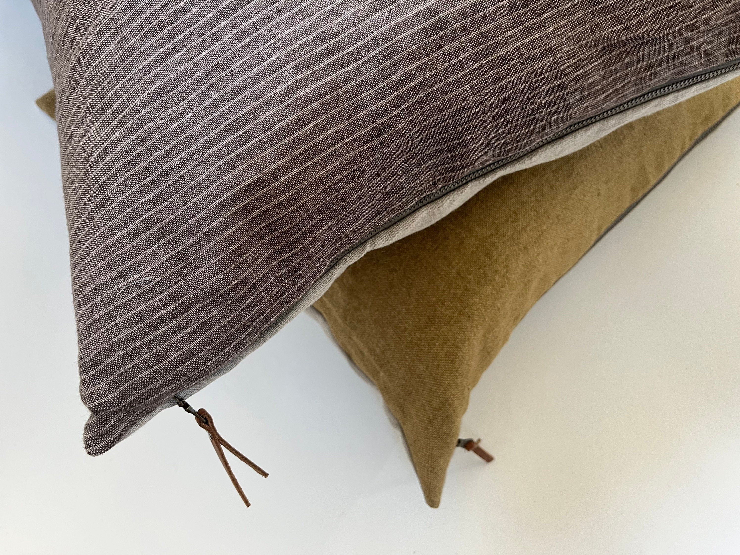 Brown striped linen pillow cover exposed zipper-leather pull 14x24 20x20 22x22 24x24high quality great texture 100% linen housewarming gift
