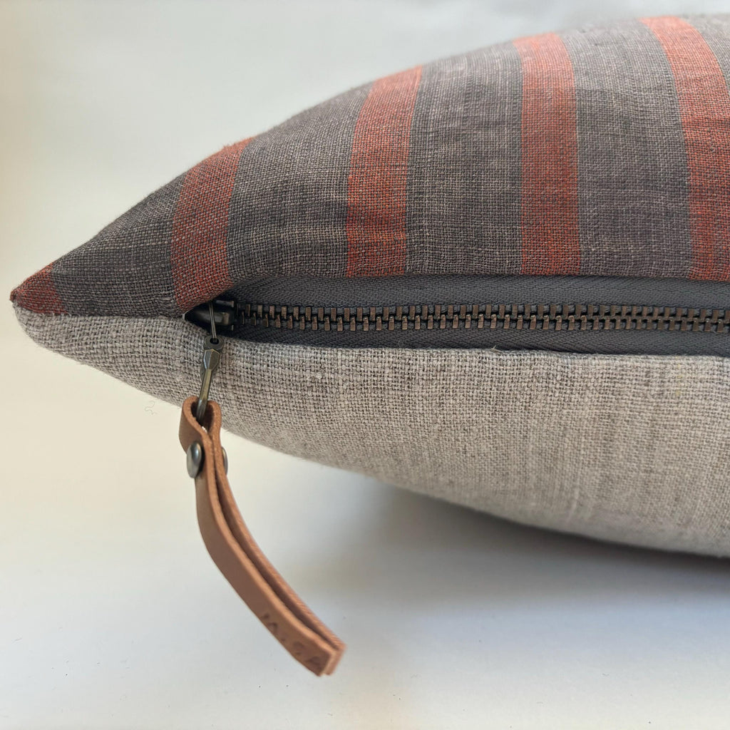 Handcrafted Striped Linen Pillow Cover: Brown Rust Accent, Exposed Zipper