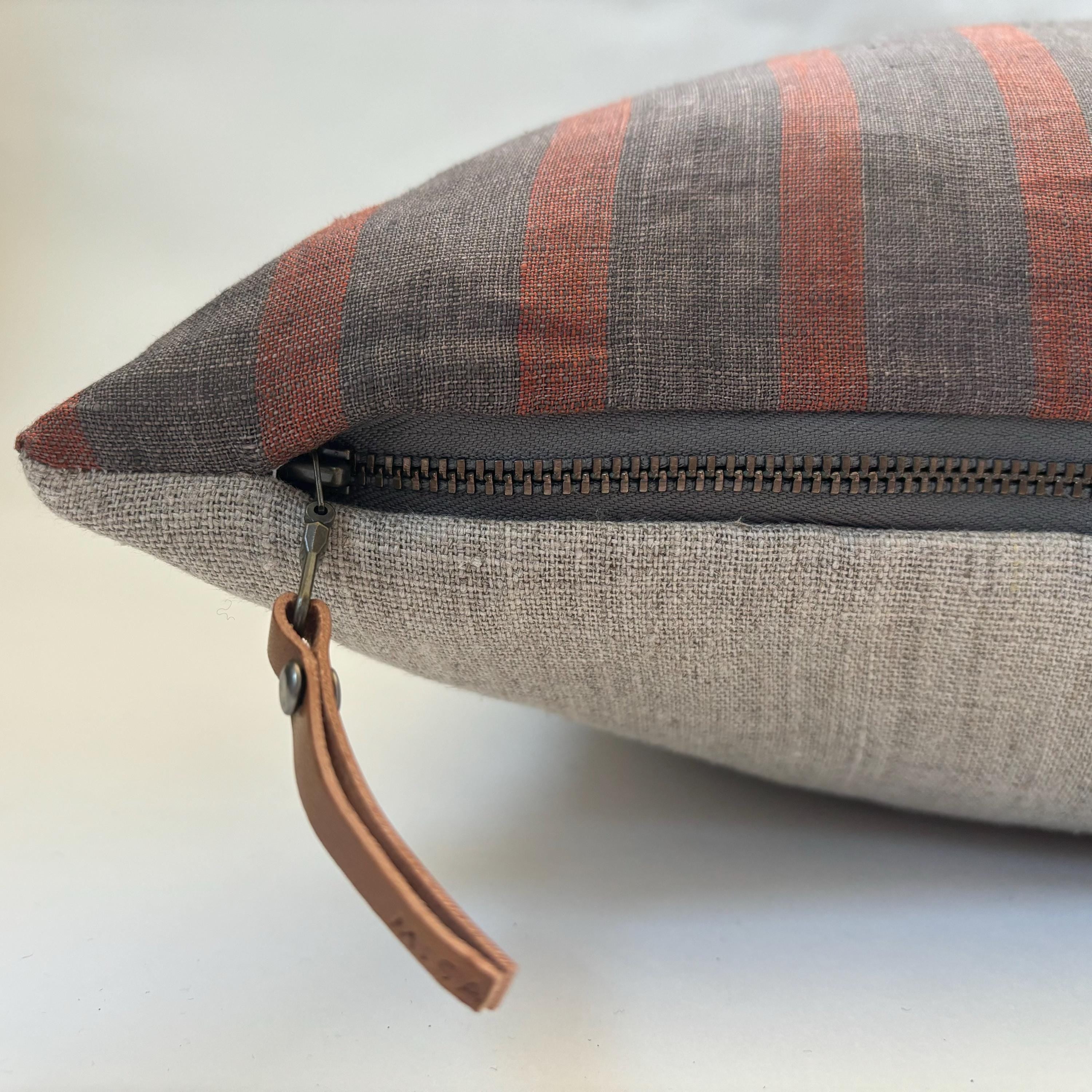 Handcrafted Striped Linen Pillow Cover: Brown Rust Accent, Exposed Zipper