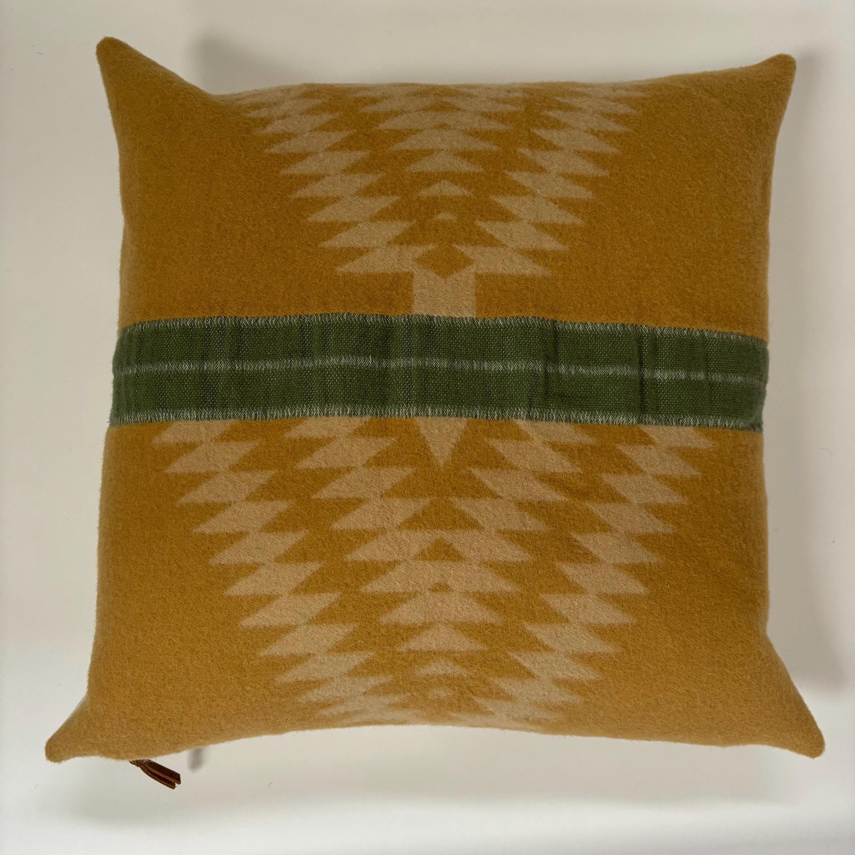 Wool Pillow Cover: Aztec Southwestern Design, Gold and green Leather Pull (18x18”)
