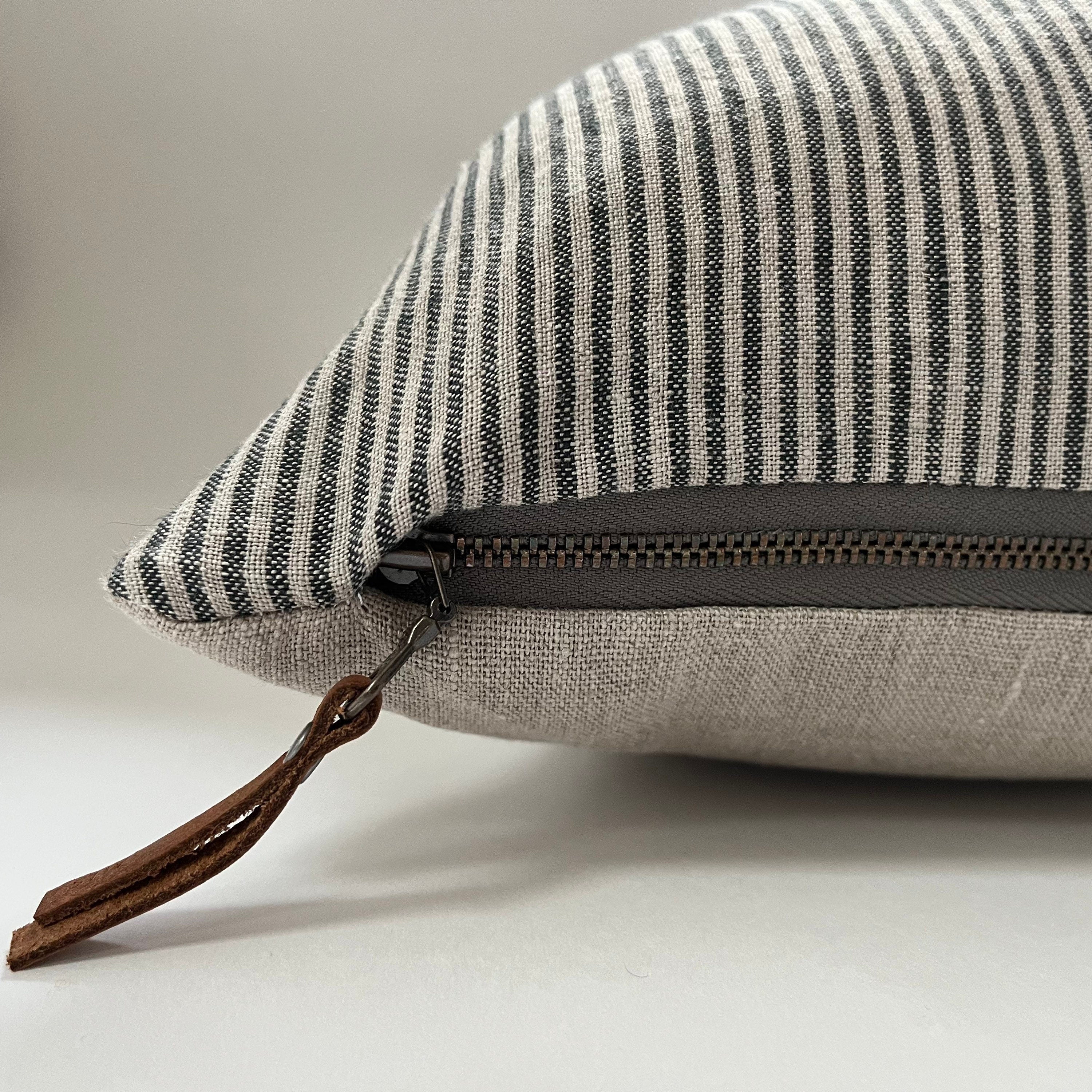 Black and tan pinstriped linen pillow cover gray striped pillow exposed zipper-leather pull 14x24 20” 22” 24” high quality housewarming gift