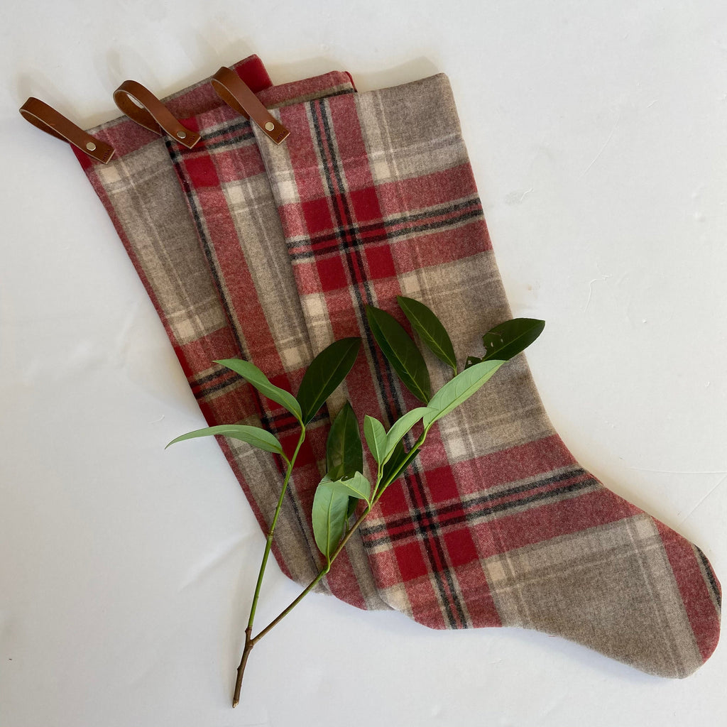Wool christmas stocking baby/puppy Burnt red tan black plaid leather hanging tabs handmade