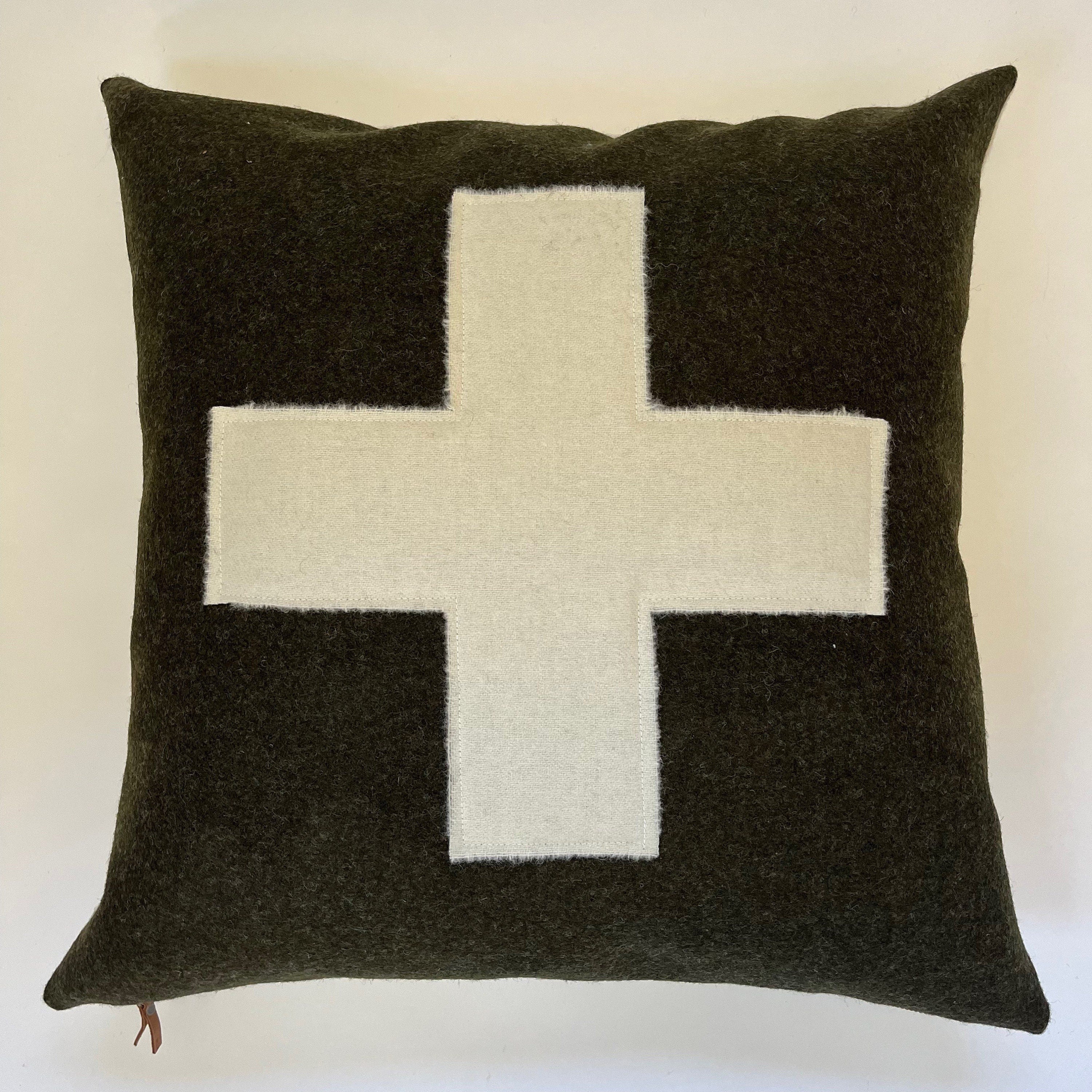 Swisscross pillow cover army green with cream swisscross exposed zipper-leather pull 20x20 or 24x14 lumbar handmade