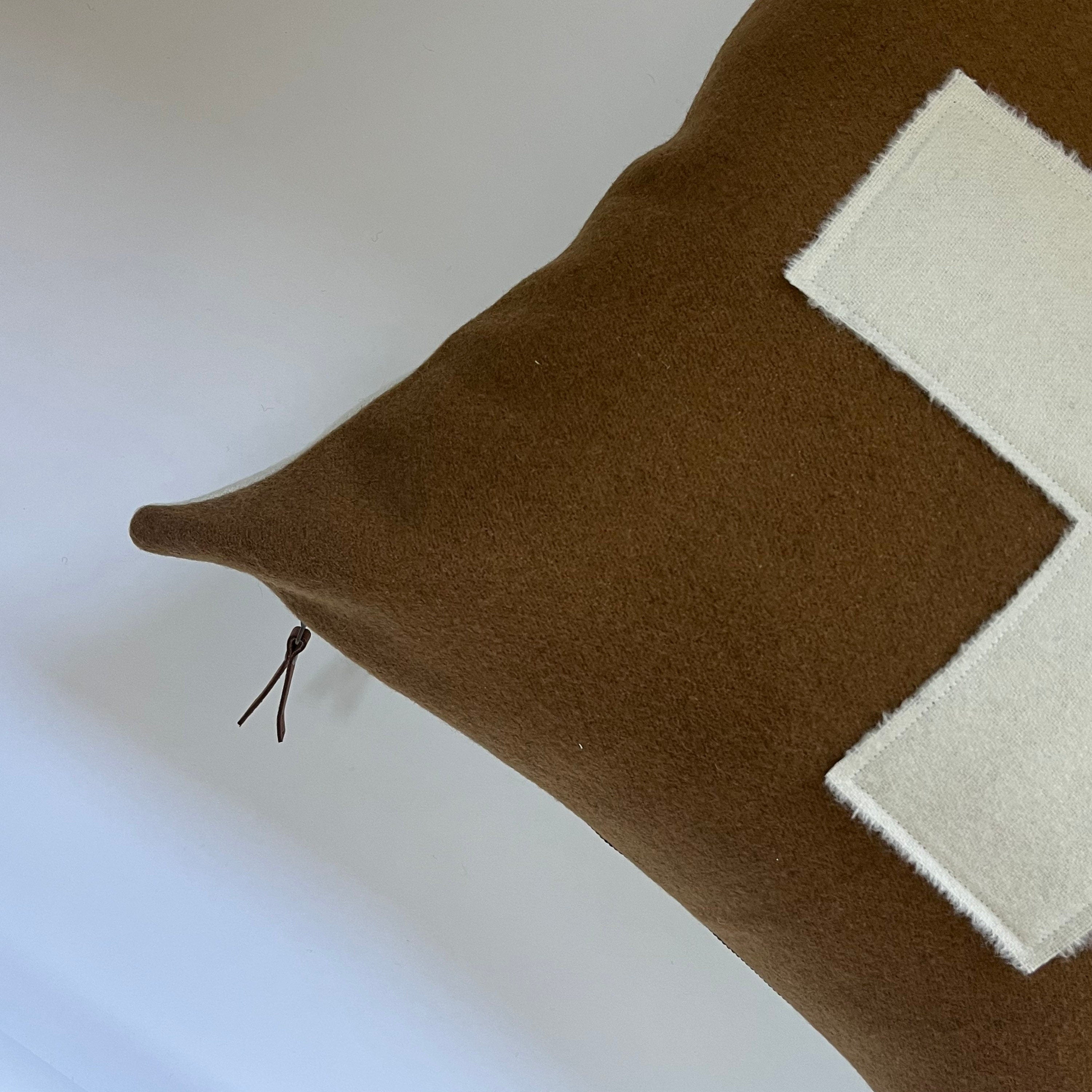 Swisscross pillow cover camel brown with cream cross exposed zipper-leather pull 20x20 or 24x14 lumbar handmade