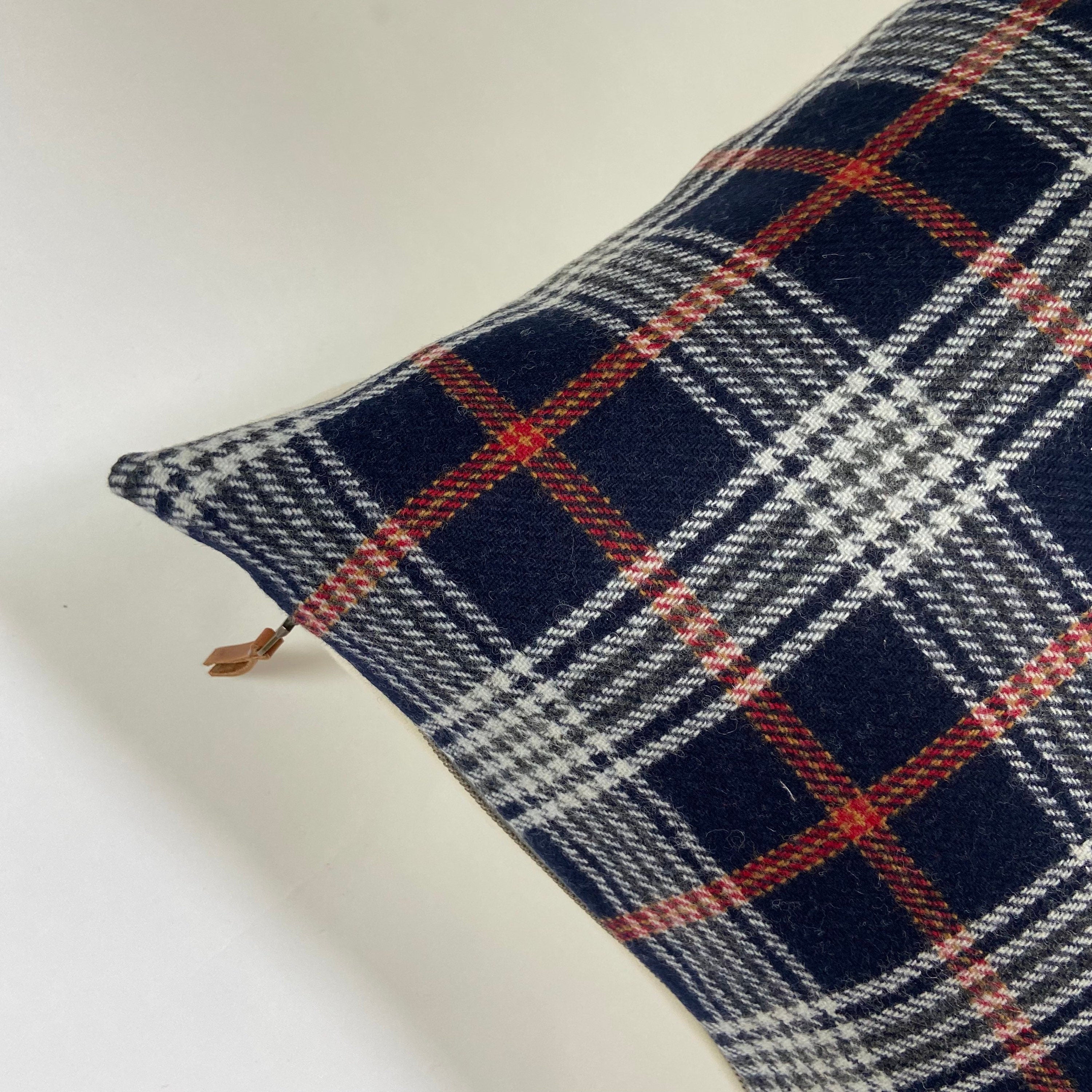 Blue and red plaid wool pillow cover housewarming gift exposed zipper 14x24 24"22"20" handmade