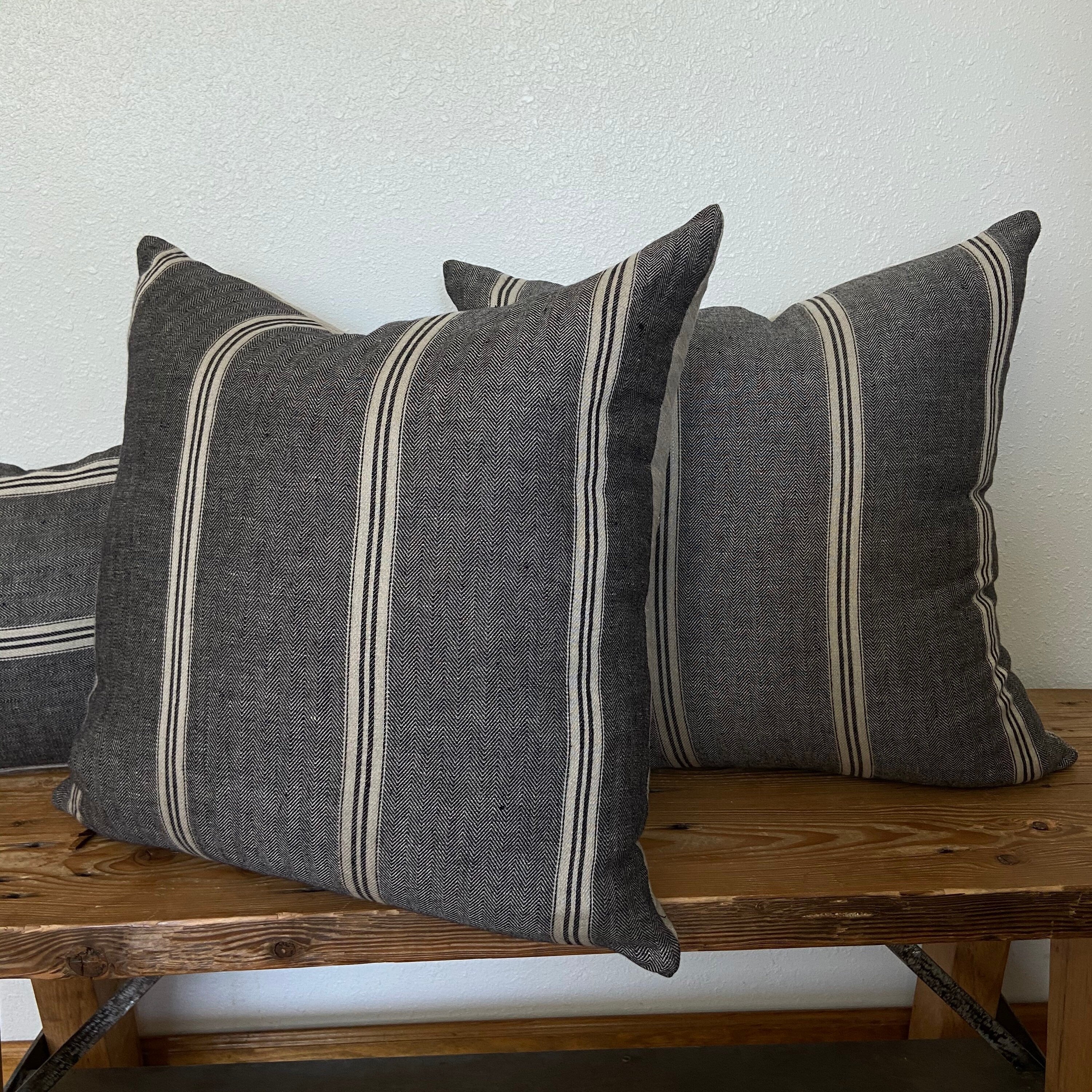 Black and Tan striped linen pillow cover 100% linen exposed zipper-leather pull 14x24 20x20 high quality housewarming gift