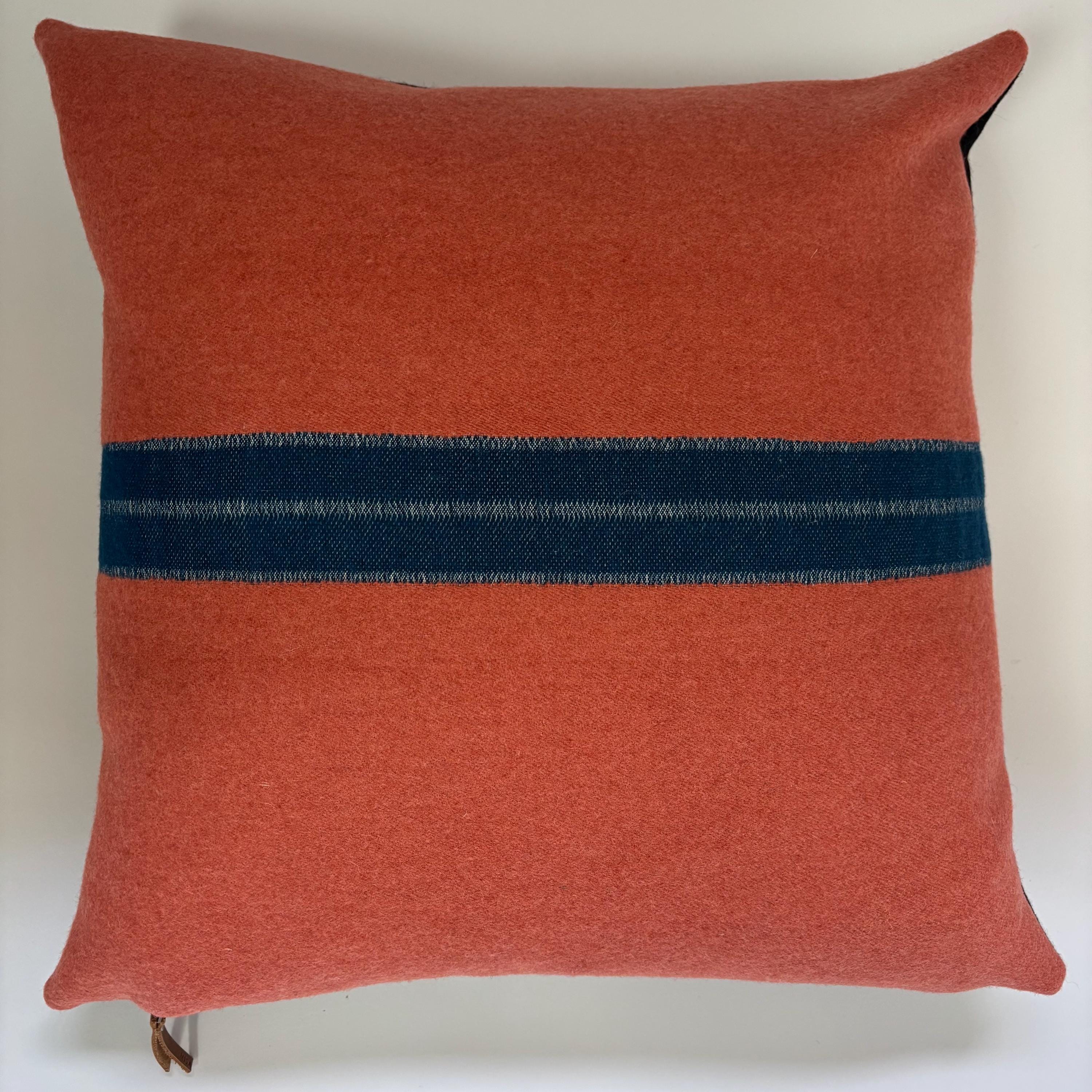 Wool coral pillow with blue stripe 18x18 exposed zipper striped pillow housewarming gift winter gift