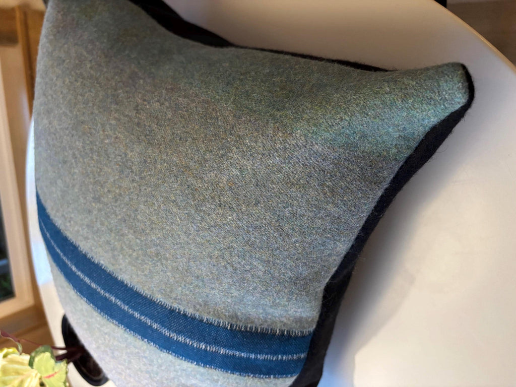 Blue striped wool pillow 18x18 exposed zipper with a leather pull housewarming winter pillow