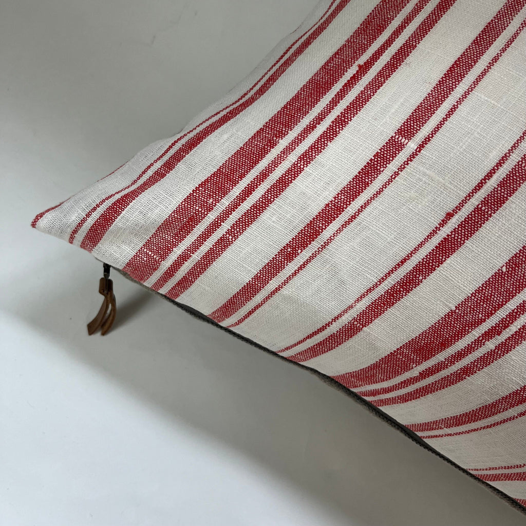 Red Striped Linen Pillow Cover: Exposed Zipper, Leather Pull (18x18)