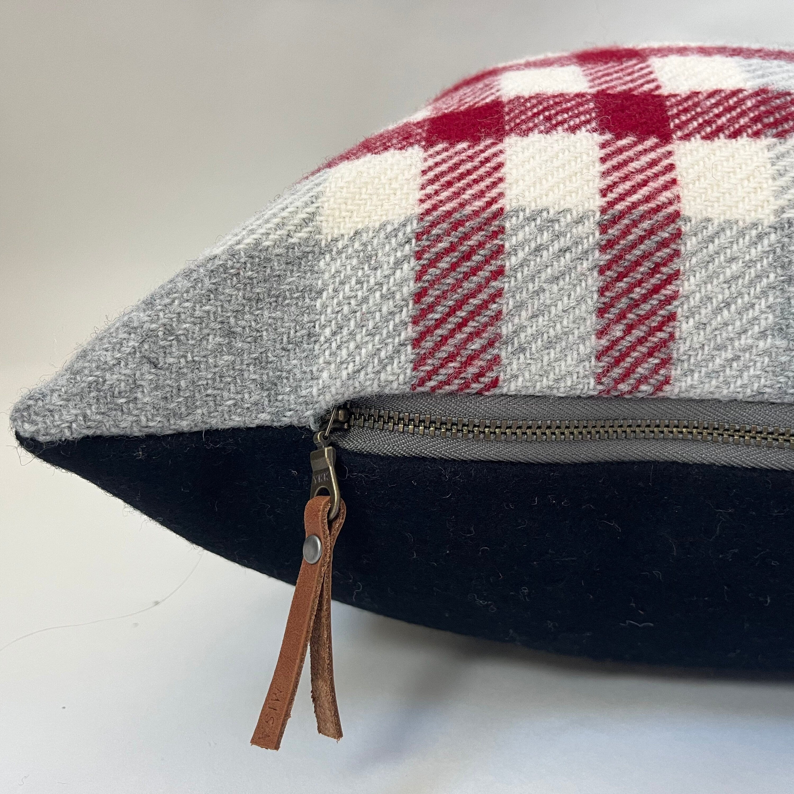 wool Pillow cover Red and black plaid Christmas pillow exposed leather zipper 20"22"24"14x24 Housewarming gift
