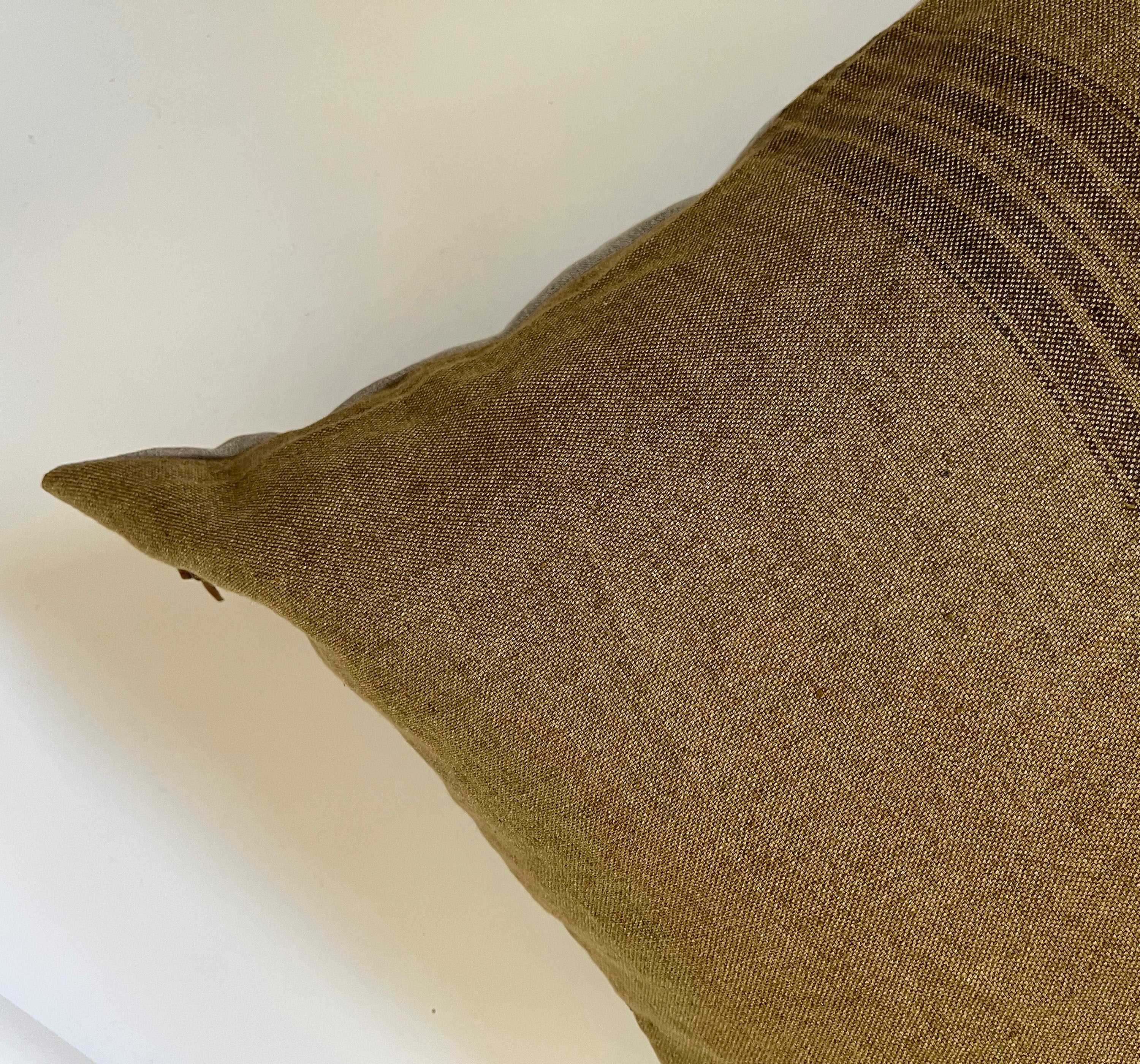 Gold with brown striped linen pillow cover 100% linen pillow exposed zipper-leather pull 14x24 20x20 high quality housewarming gift