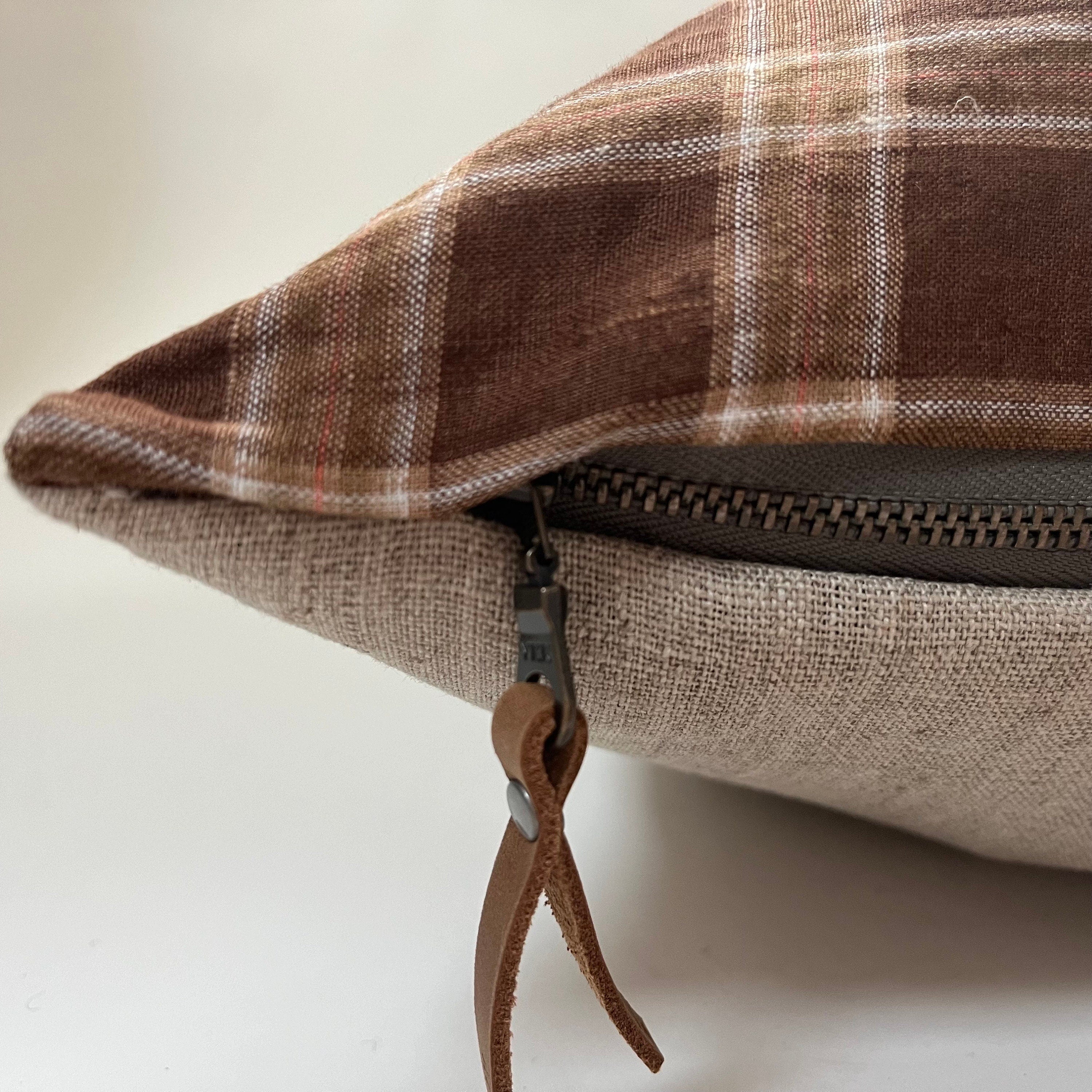 Handcrafted Brown Plaid Linen Pillow Cover: Exposed Zipper, Leather Pull