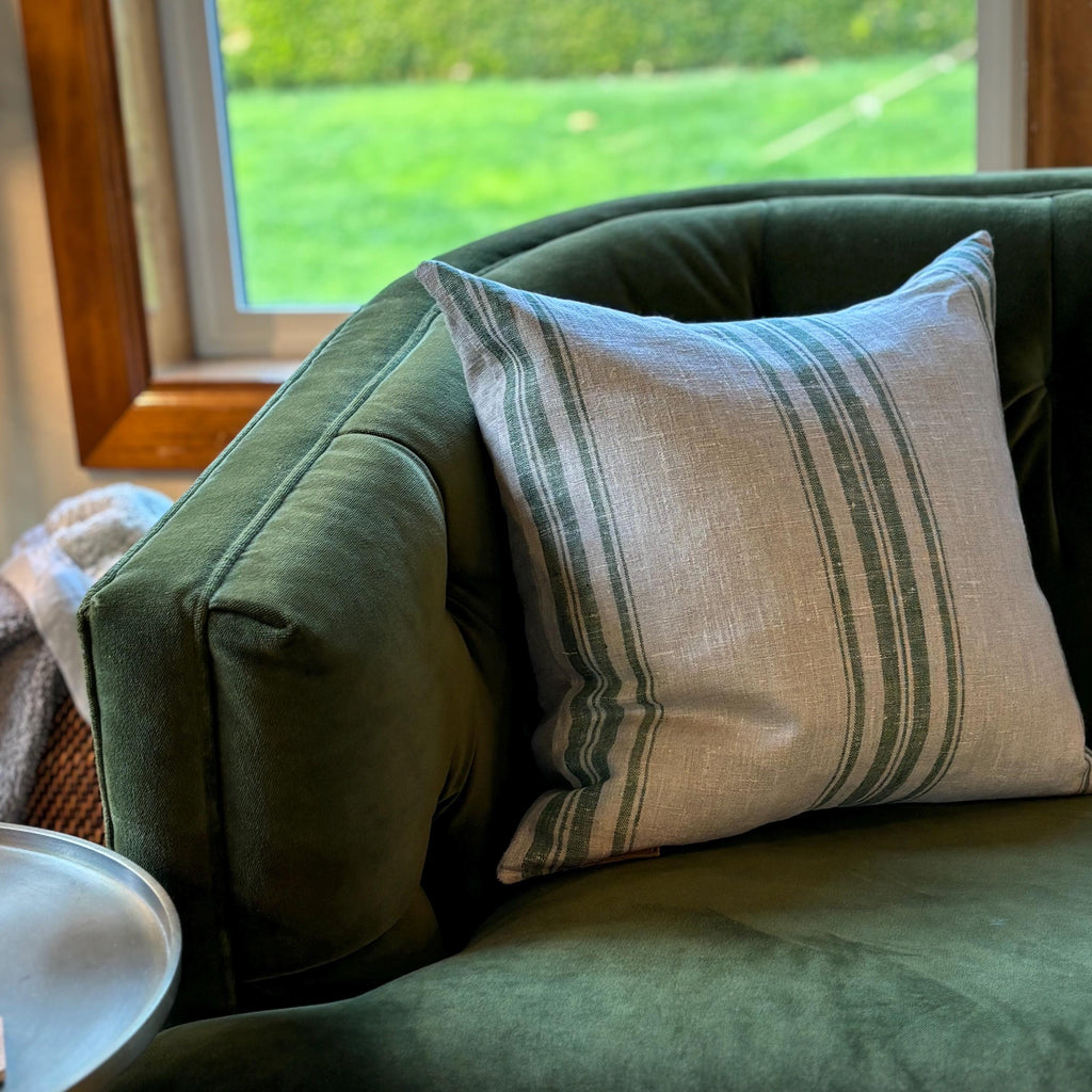 Green Striped Linen Pillow Cover: 18x18 Throw Pillow with Leather Pull