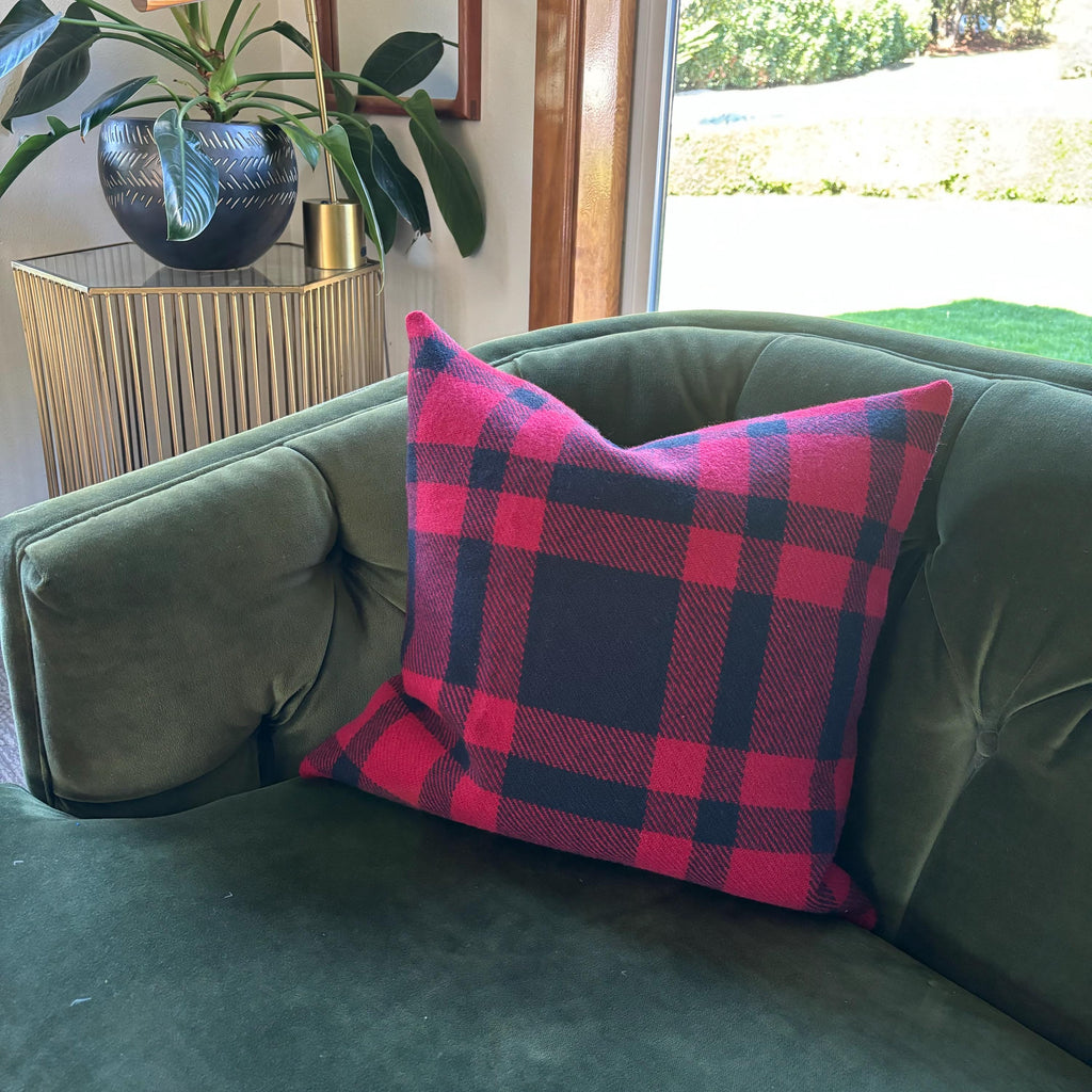Wool Pillow Cover: Red Black Buffalo Plaid with Leather Pull