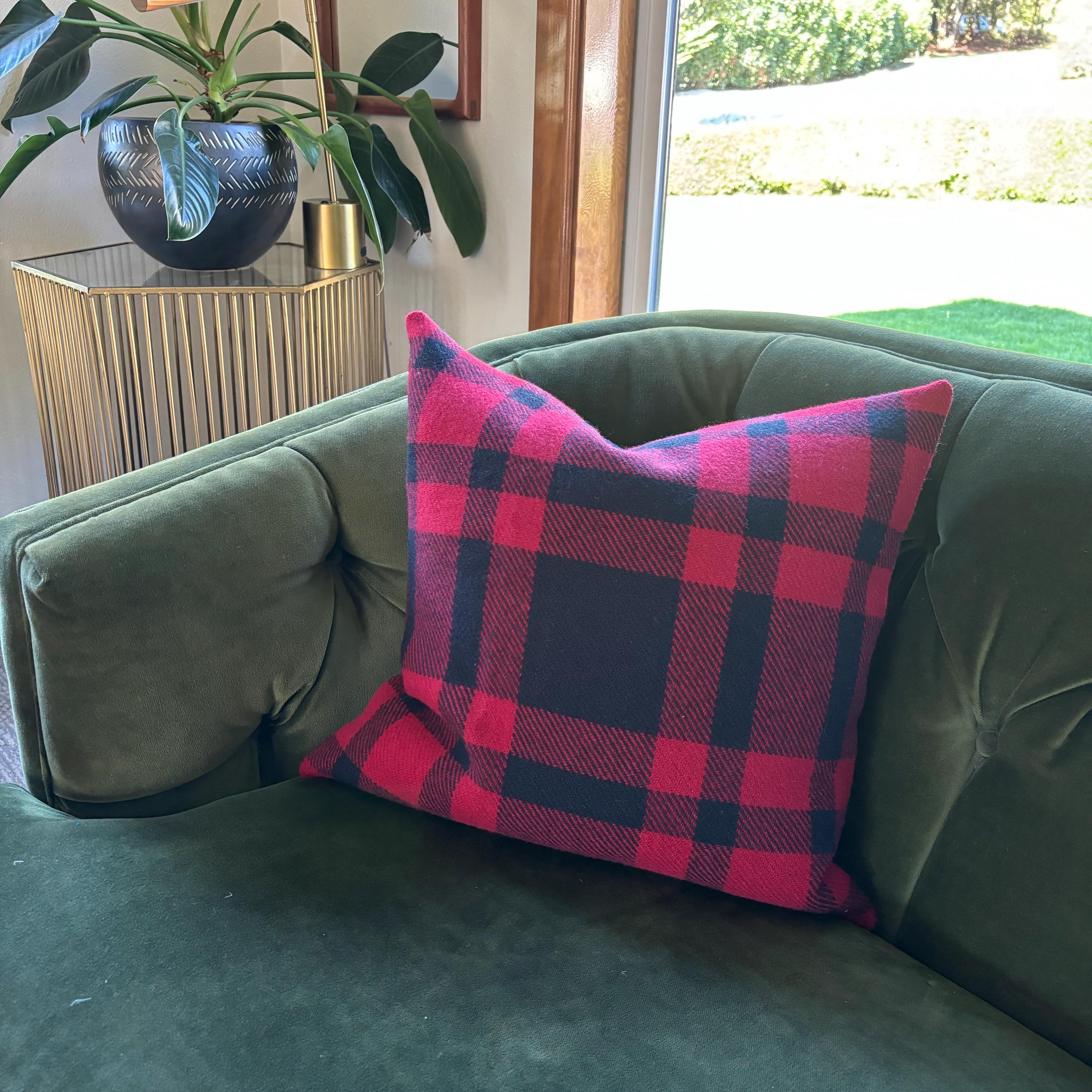 Wool Pillow Cover: Red Black Buffalo Plaid with Leather Pull