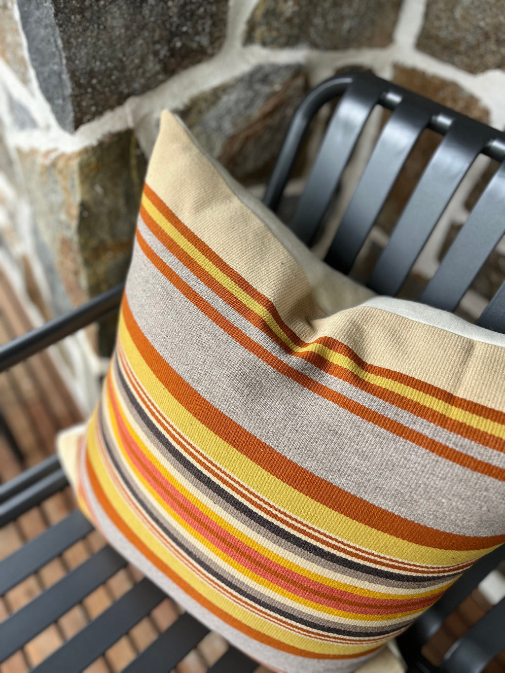 Striped Wool Pillow Cover: Orange and Summer Colors, Leather Pull